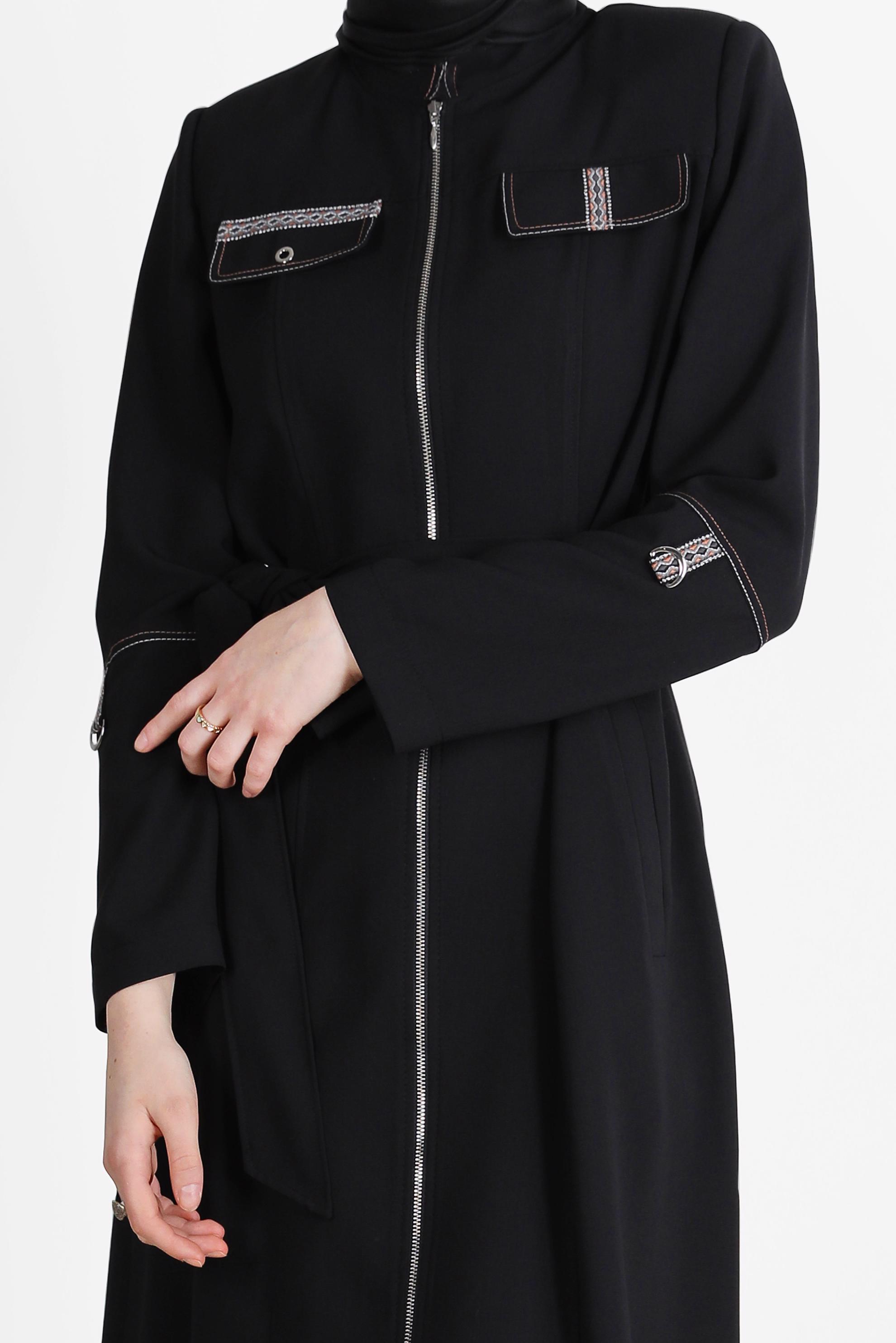 Hijab clothing BLACK FRINGE DETAIL BELTED TRENCH COAT 10579 