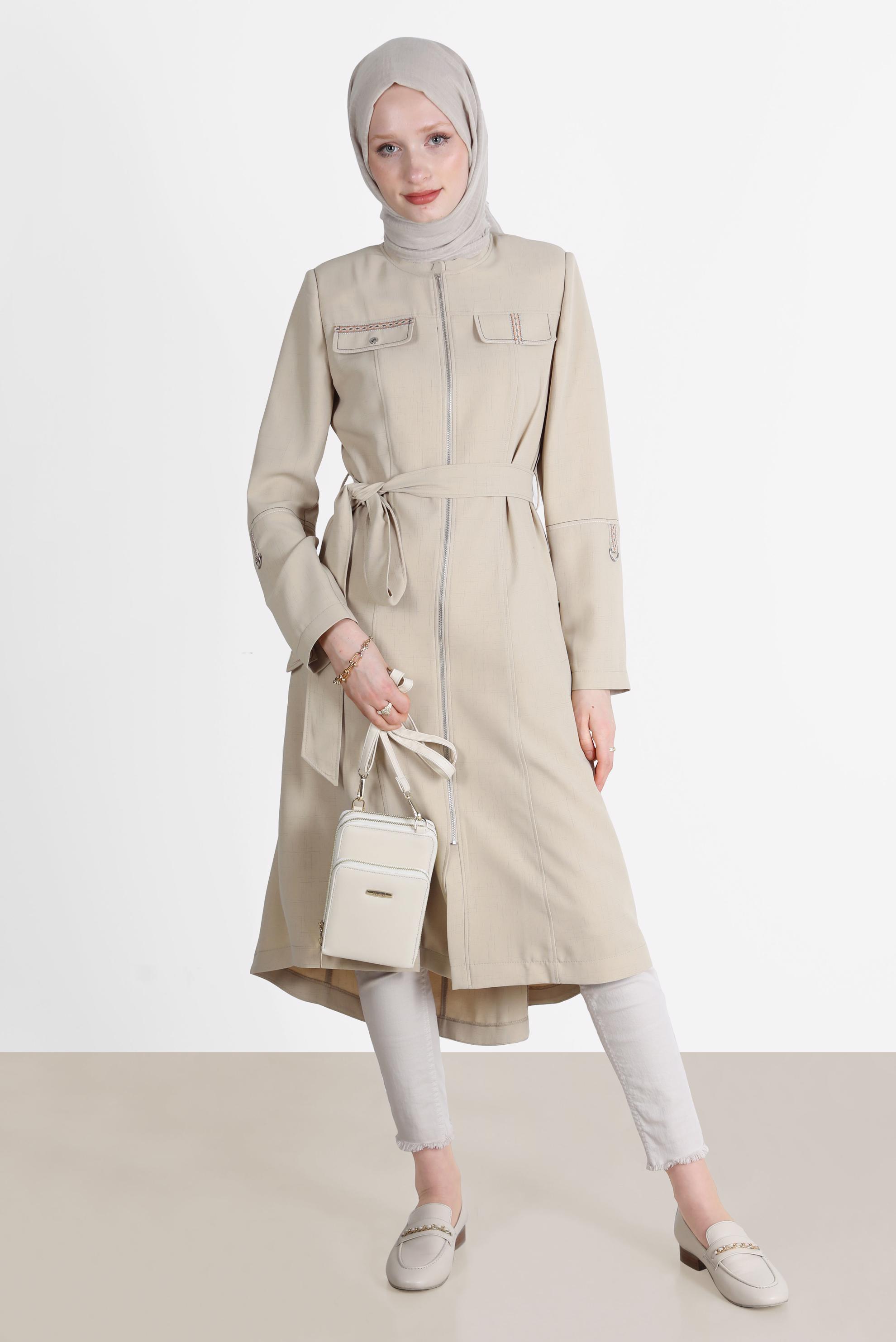 Hijab clothing BEIGE FRINGE DETAIL BELTED TRENCH COAT 10579 