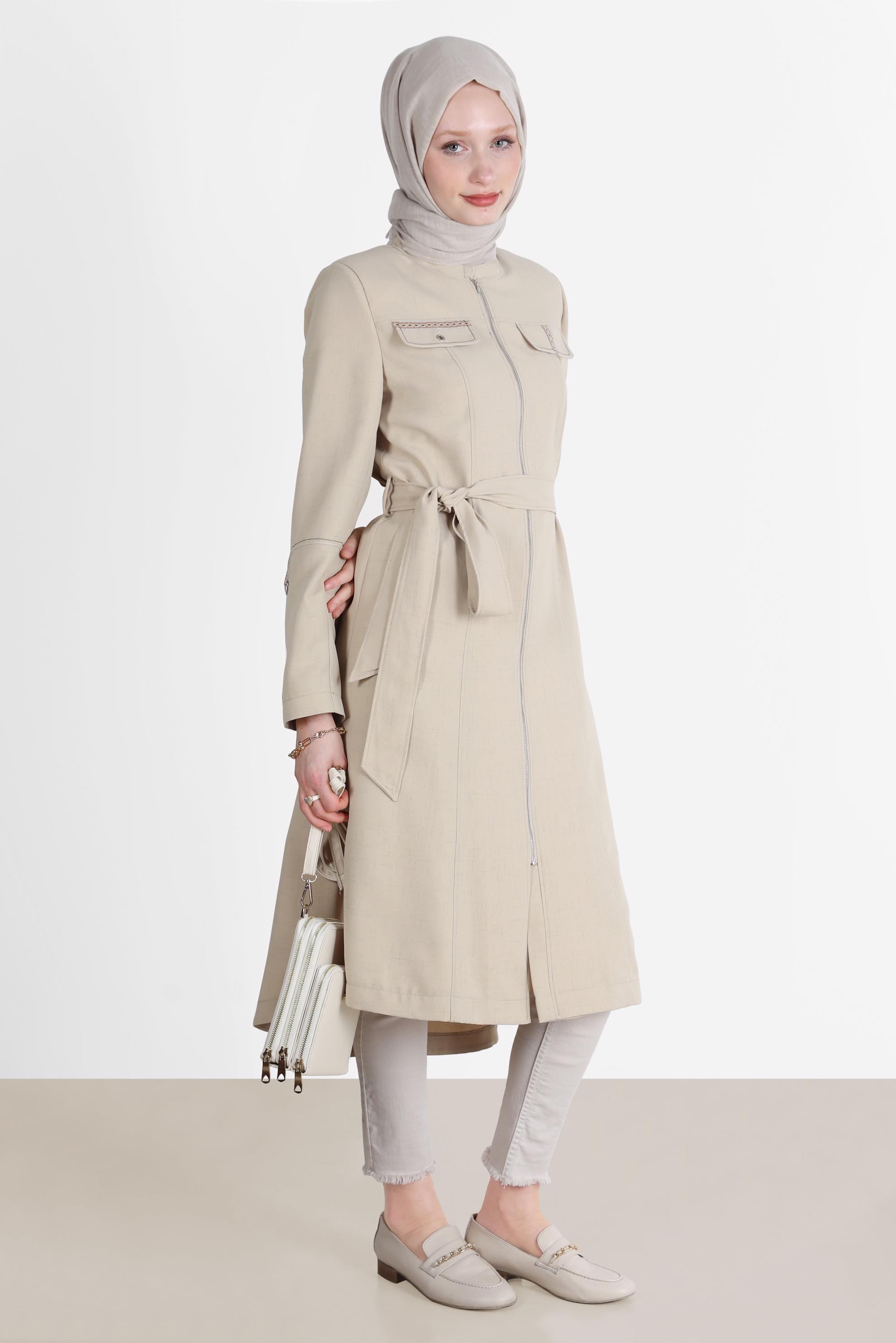 Hijab clothing BEIGE FRINGE DETAIL BELTED TRENCH COAT 10579 