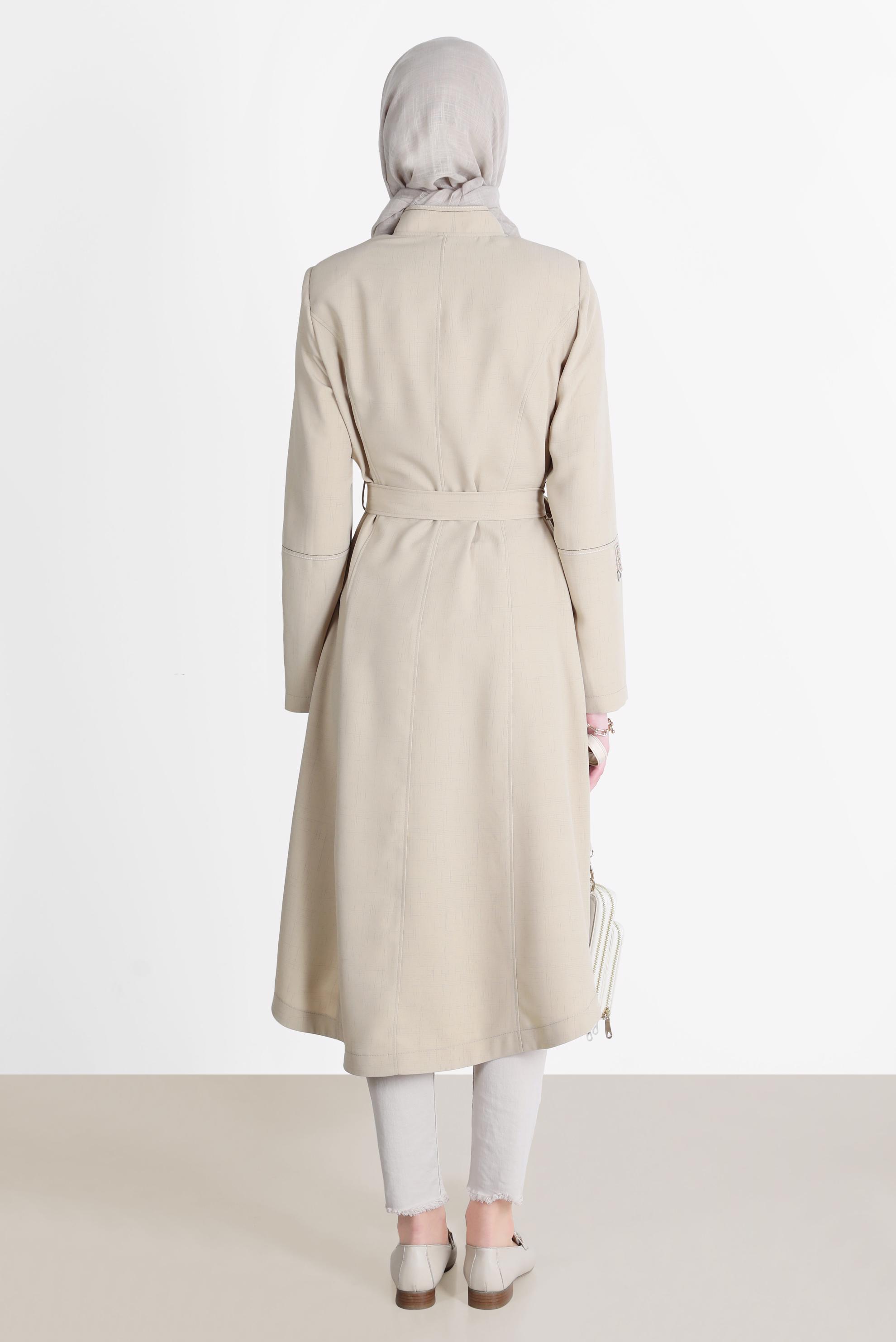 Hijab clothing BEIGE FRINGE DETAIL BELTED TRENCH COAT 10579 