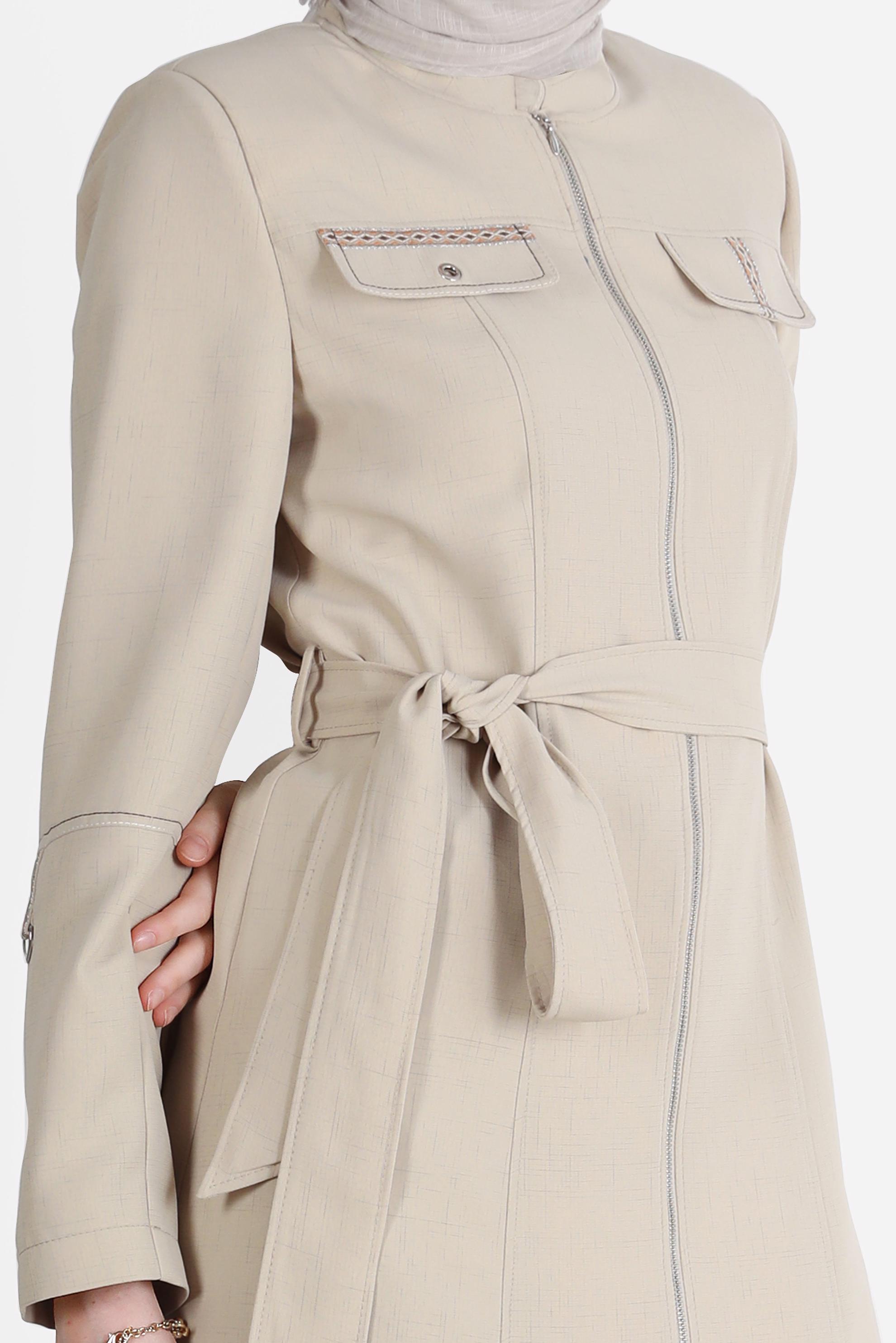 Hijab clothing BEIGE FRINGE DETAIL BELTED TRENCH COAT 10579 