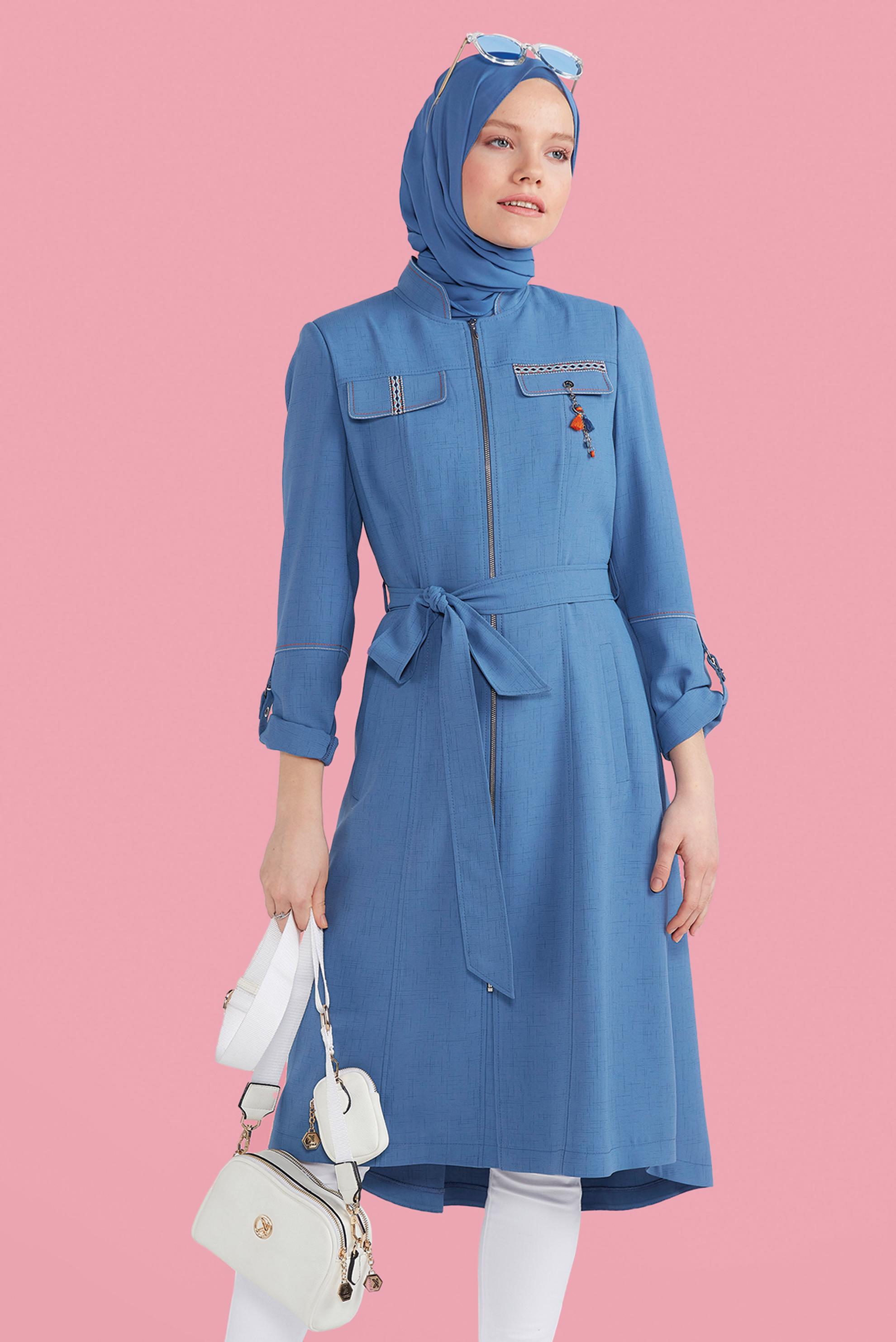 Hijab clothing NAVY BLUE FRINGE DETAIL BELTED TRENCH COAT 10579 