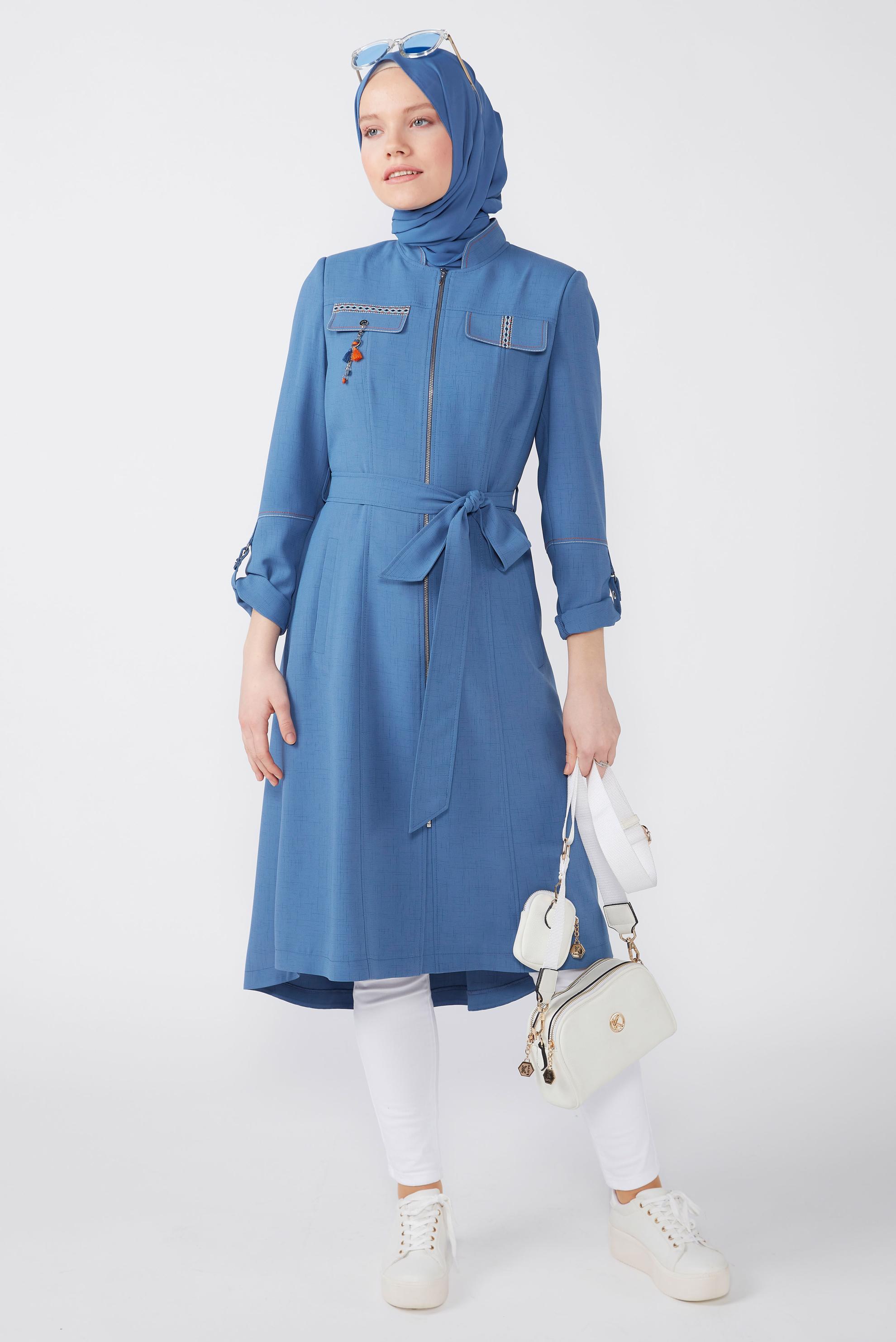 Hijab clothing NAVY BLUE FRINGE DETAIL BELTED TRENCH COAT 10579 