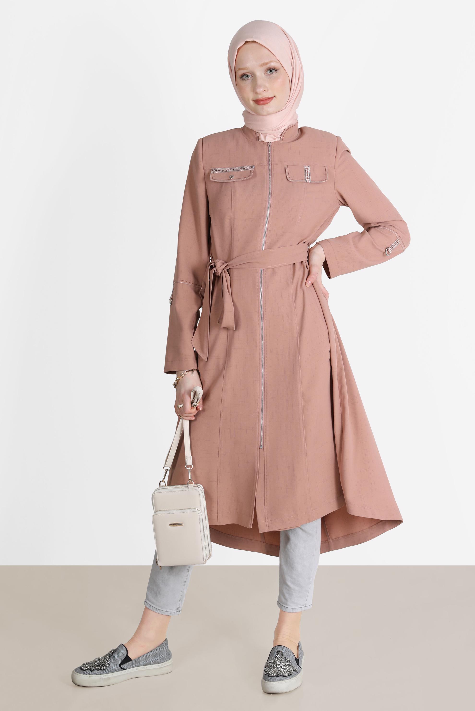 Hijab clothing POWDER FRINGE DETAIL BELTED TRENCH COAT 10579 