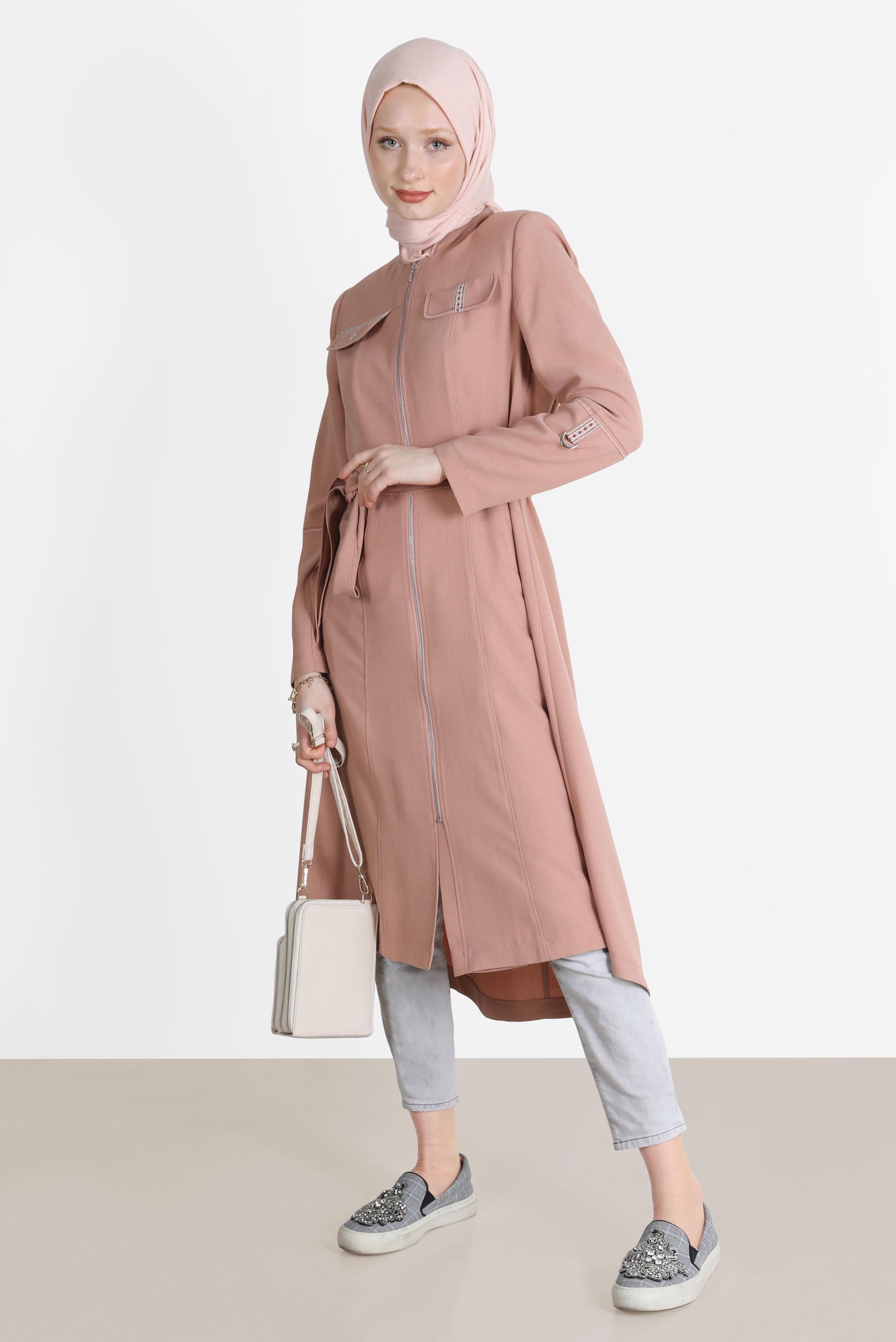 Hijab clothing POWDER FRINGE DETAIL BELTED TRENCH COAT 10579 