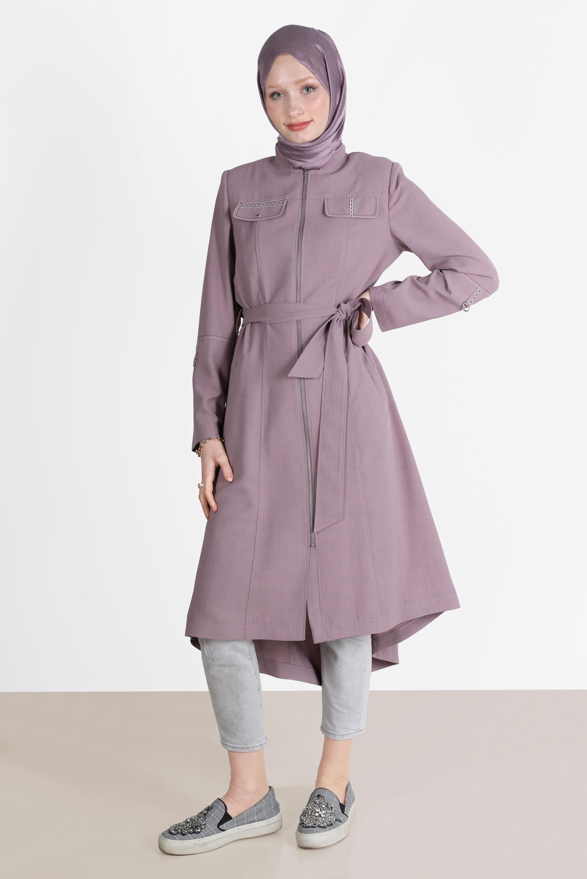Tesettür giyim PEMBE PÜSKÜL DETAYLI KUŞAKLI TRENÇKOT 10579 