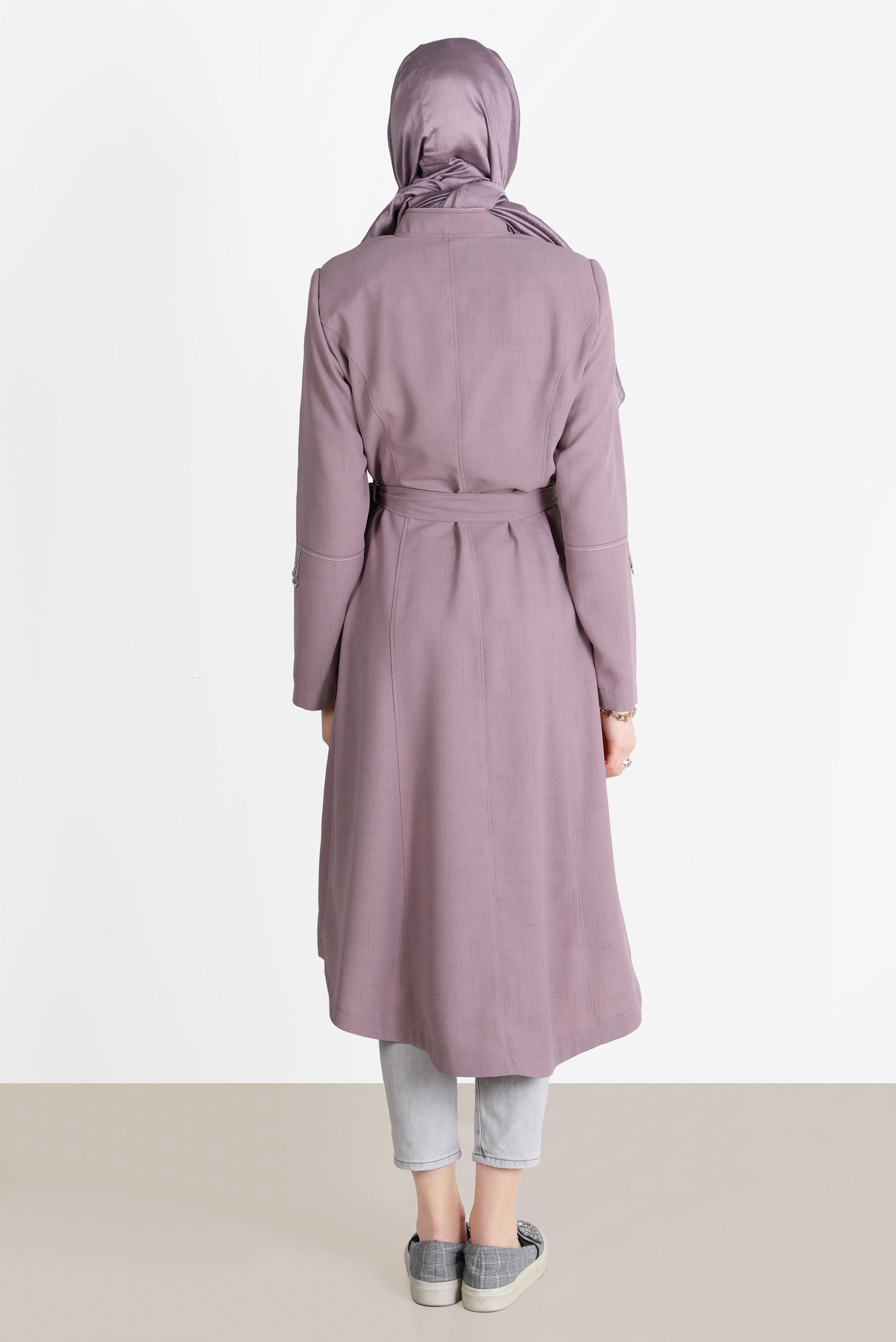 Tesettür giyim PEMBE PÜSKÜL DETAYLI KUŞAKLI TRENÇKOT 10579 