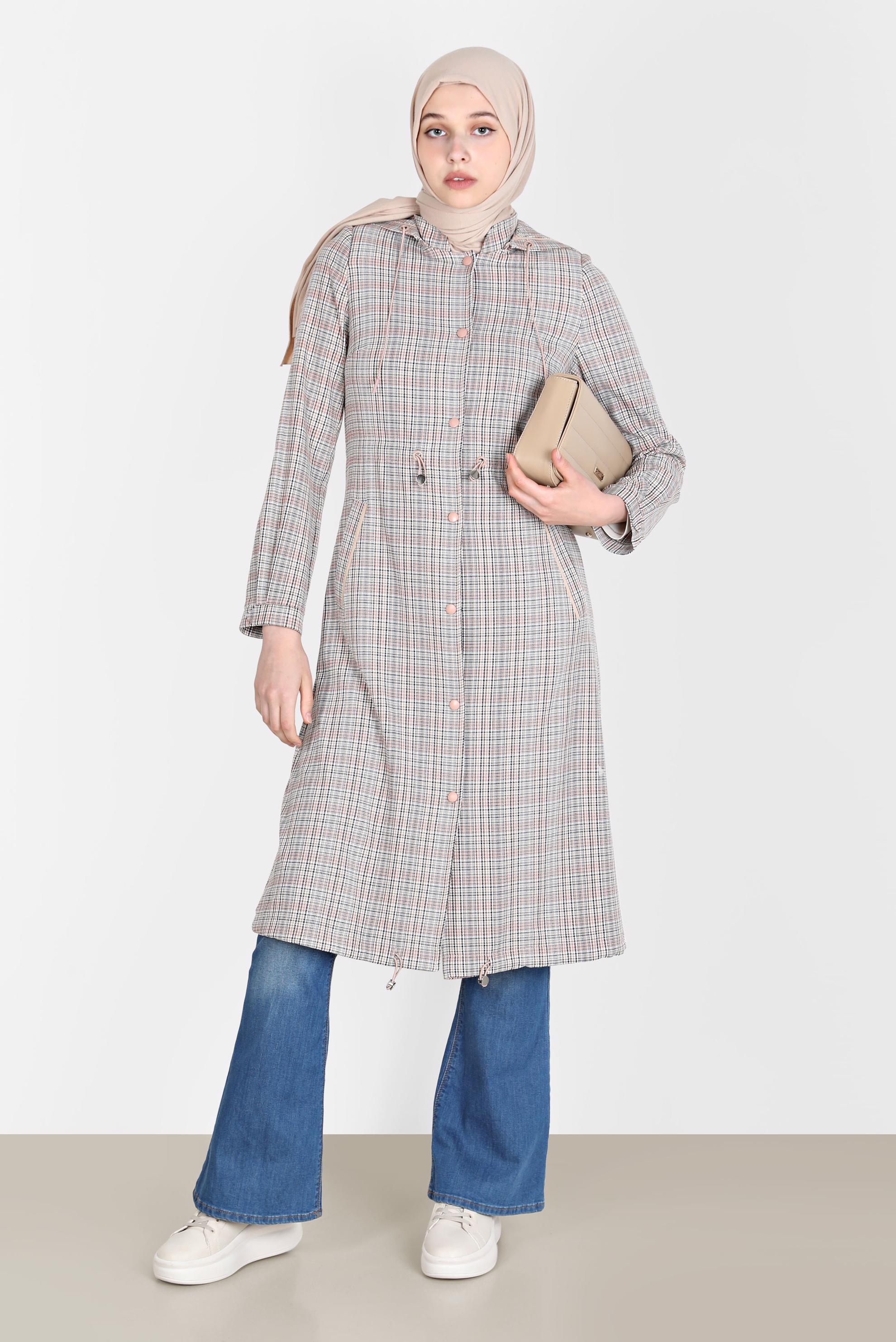 Tesettür giyim KIRMIZI BELİ BÜZGÜLÜ EKOSE TRENÇKOT 10583 