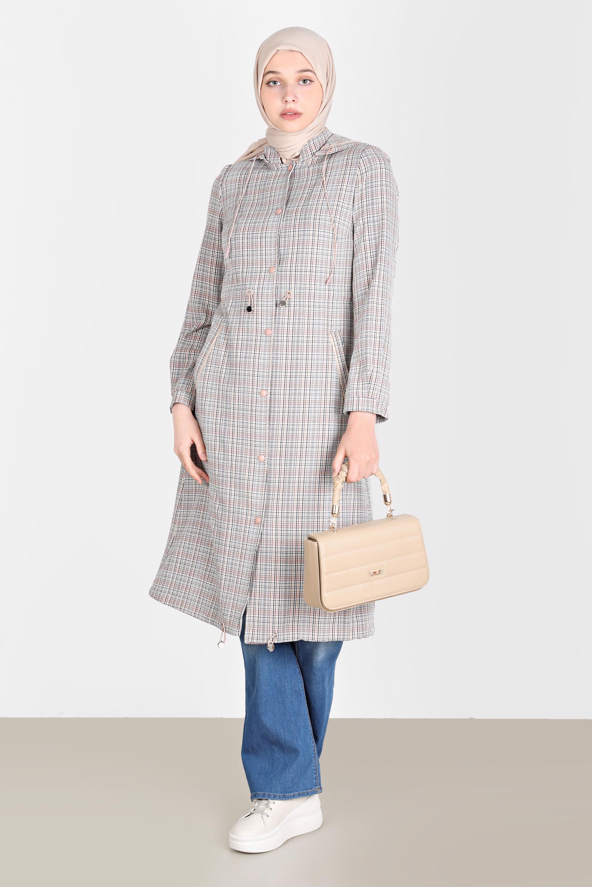 Tesettür giyim KIRMIZI BELİ BÜZGÜLÜ EKOSE TRENÇKOT 10583 