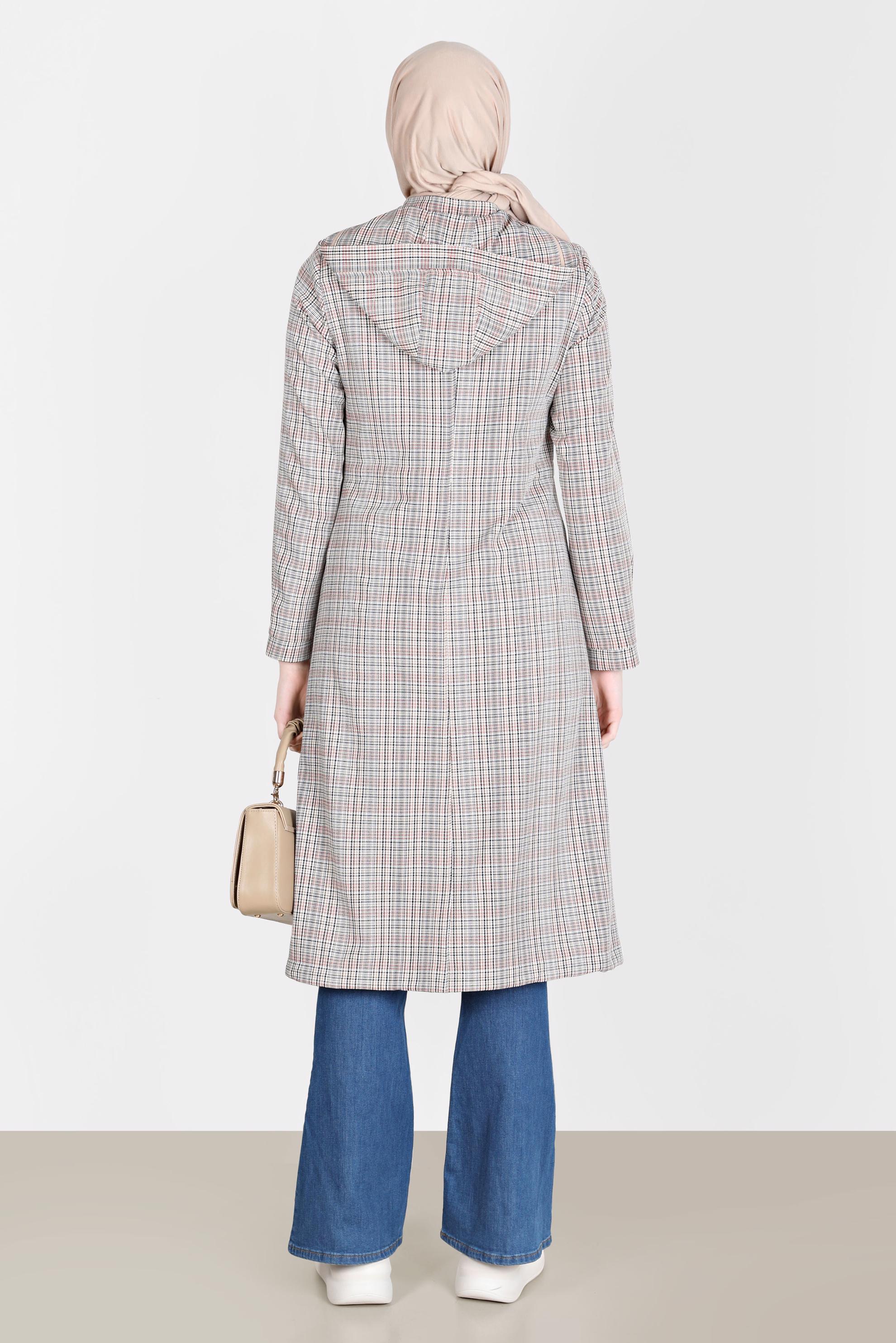 Tesettür giyim KIRMIZI BELİ BÜZGÜLÜ EKOSE TRENÇKOT 10583 