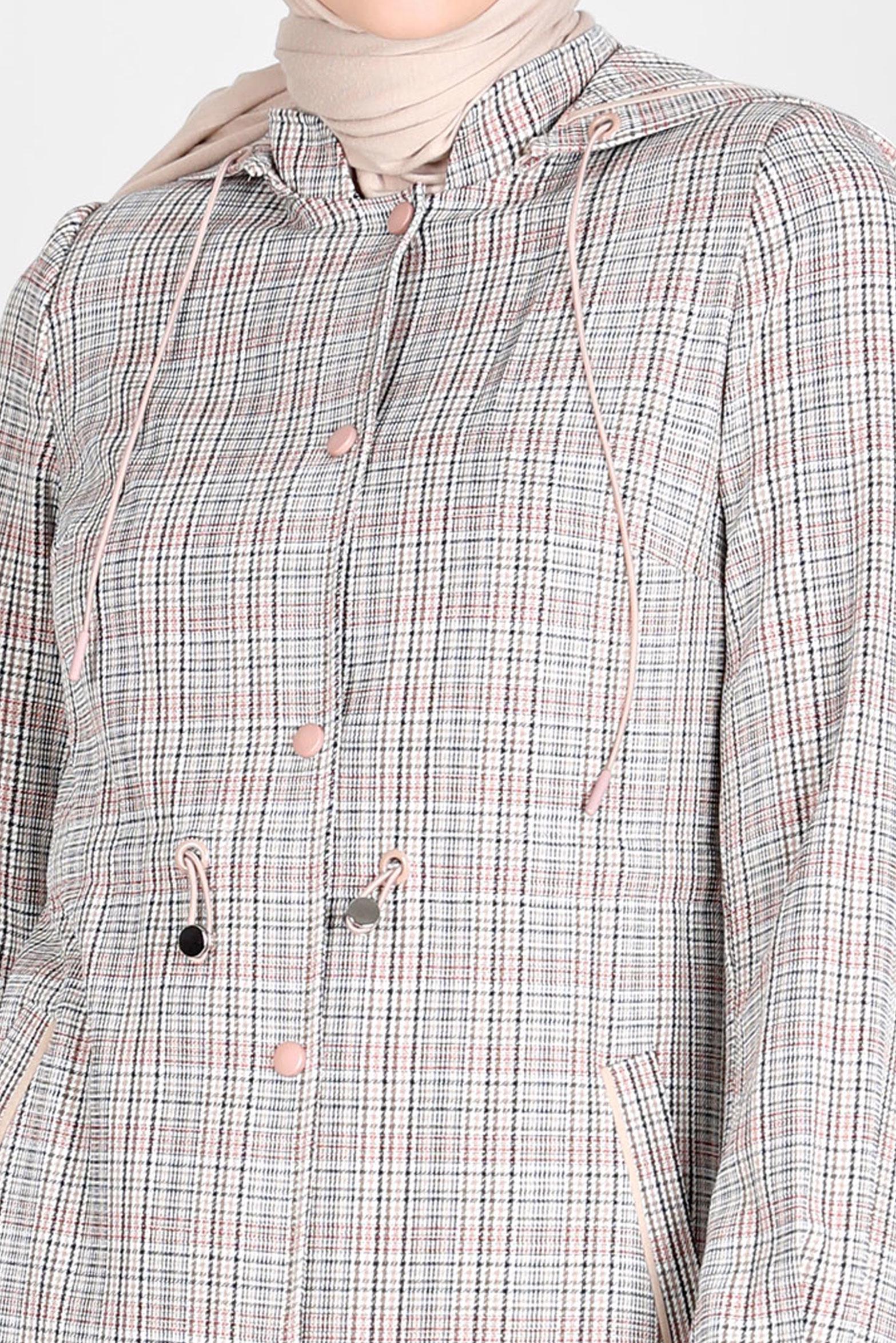 Tesettür giyim KIRMIZI BELİ BÜZGÜLÜ EKOSE TRENÇKOT 10583 