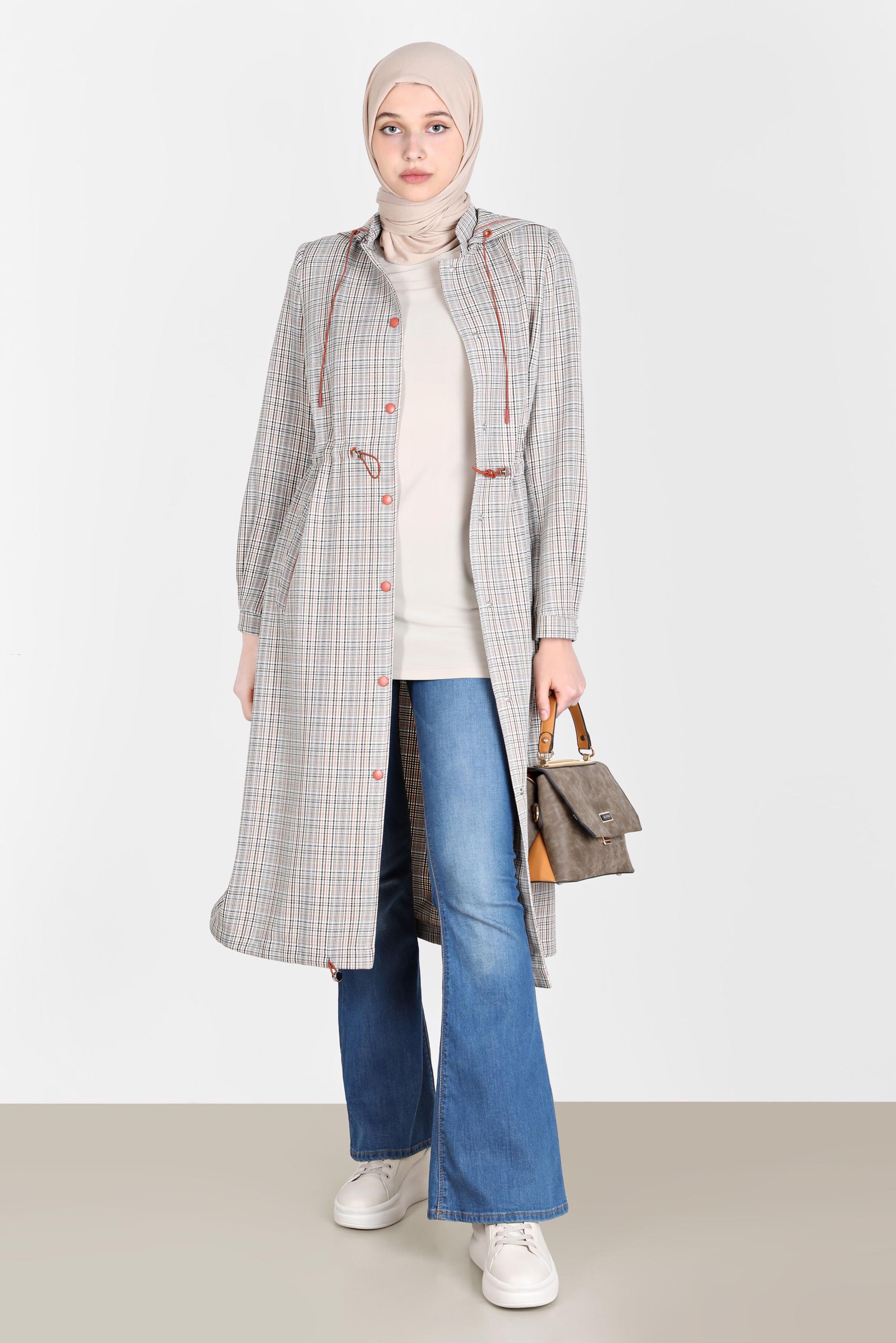 Tesettür giyim SARI BELİ BÜZGÜLÜ EKOSE TRENÇKOT 10583 