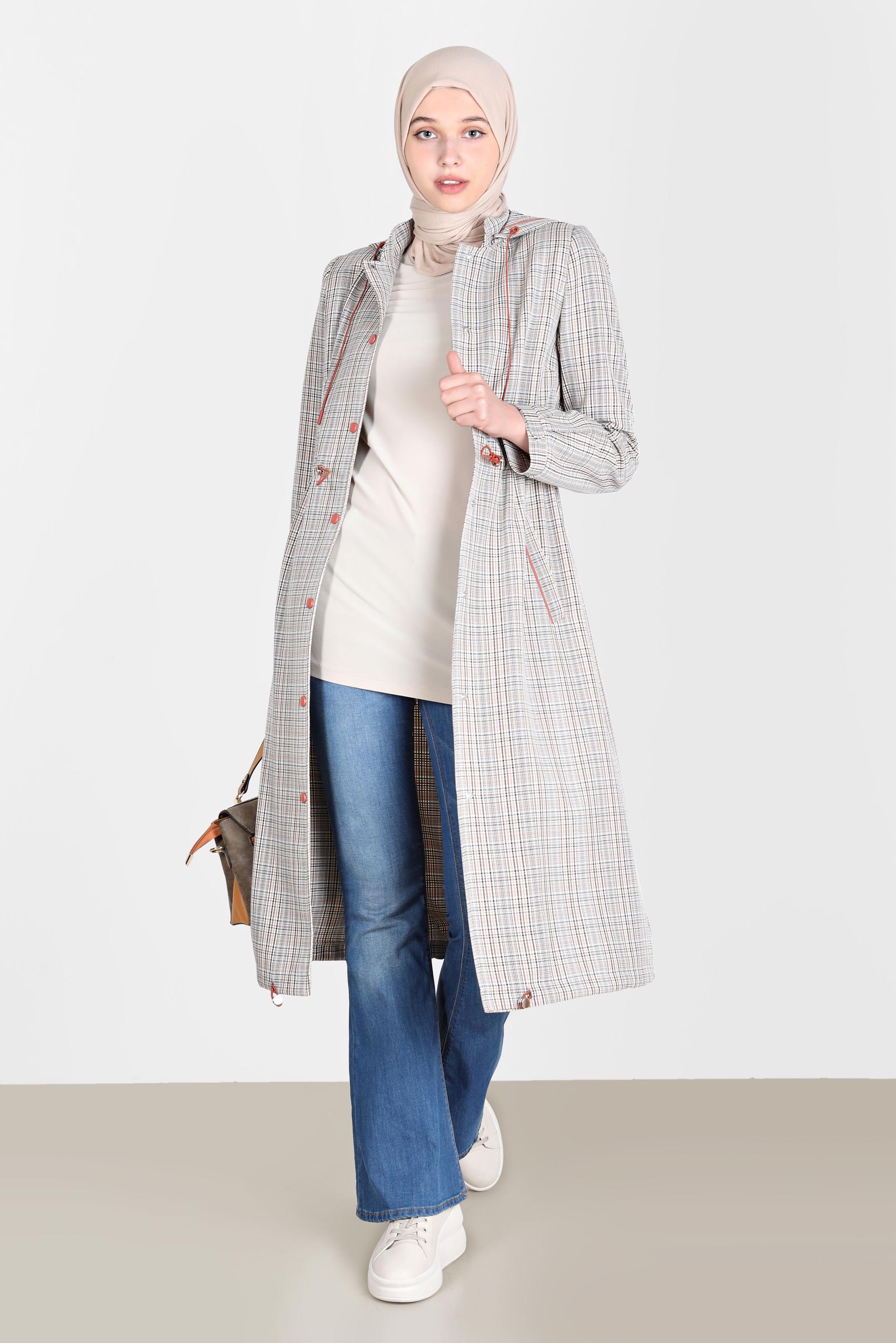 Tesettür giyim SARI BELİ BÜZGÜLÜ EKOSE TRENÇKOT 10583 