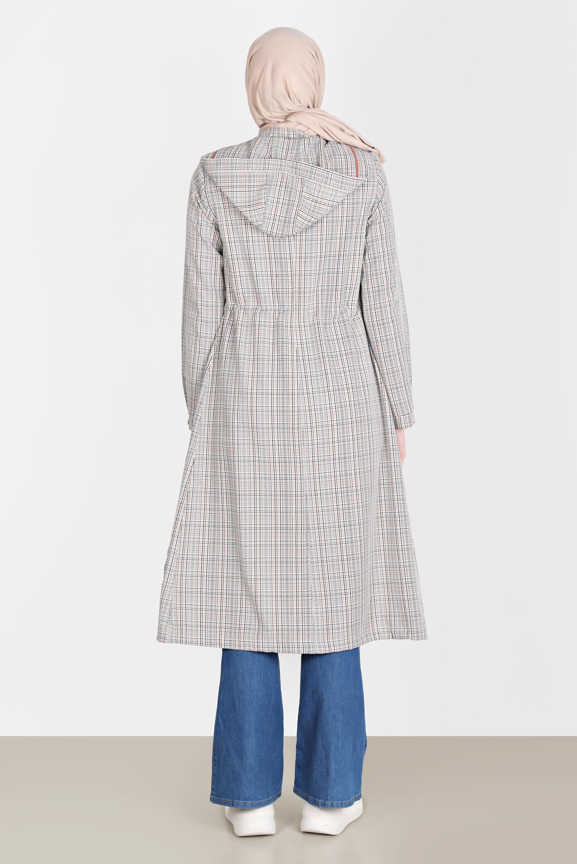 Tesettür giyim SARI BELİ BÜZGÜLÜ EKOSE TRENÇKOT 10583 