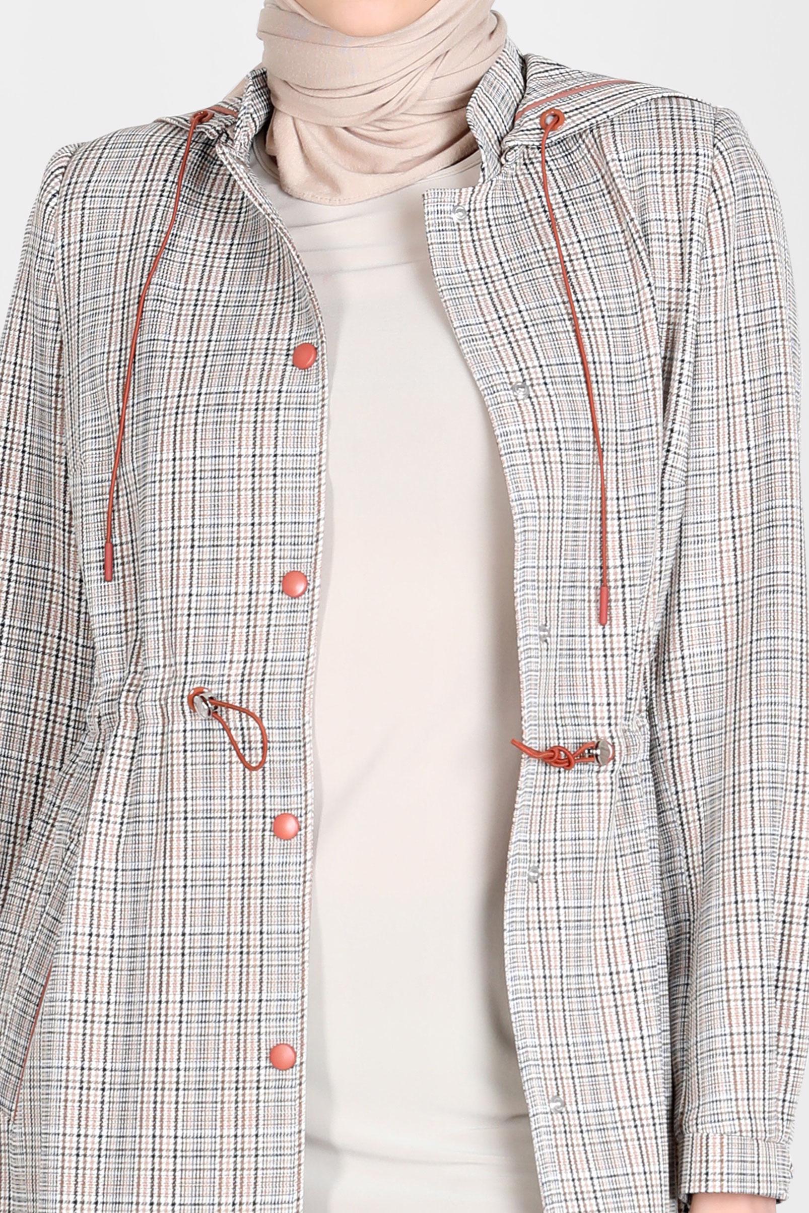 Tesettür giyim SARI BELİ BÜZGÜLÜ EKOSE TRENÇKOT 10583 