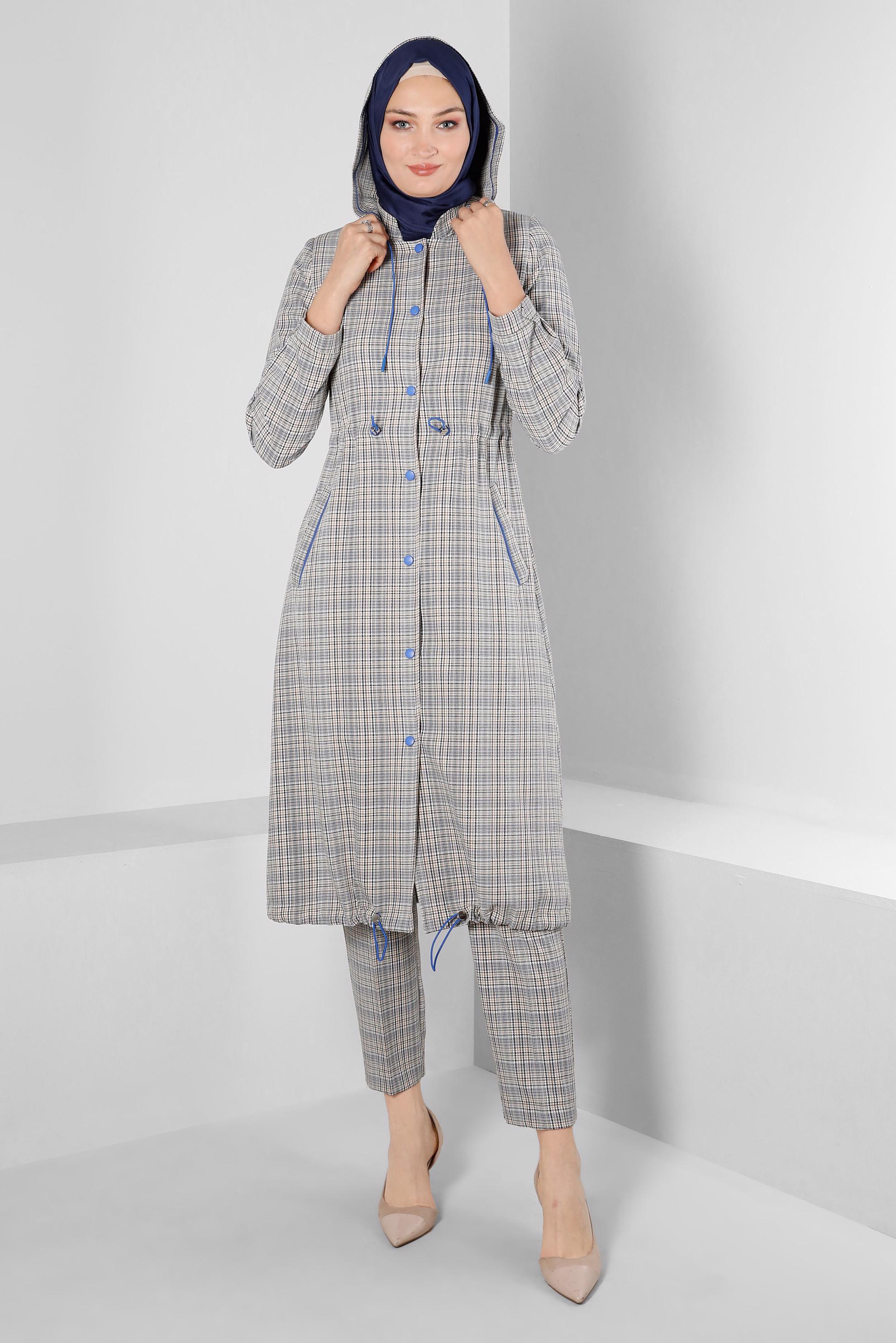Hijab clothing NAVY BLUE SMOCKING WAIST CHECKED TRENCH COAT 10583 