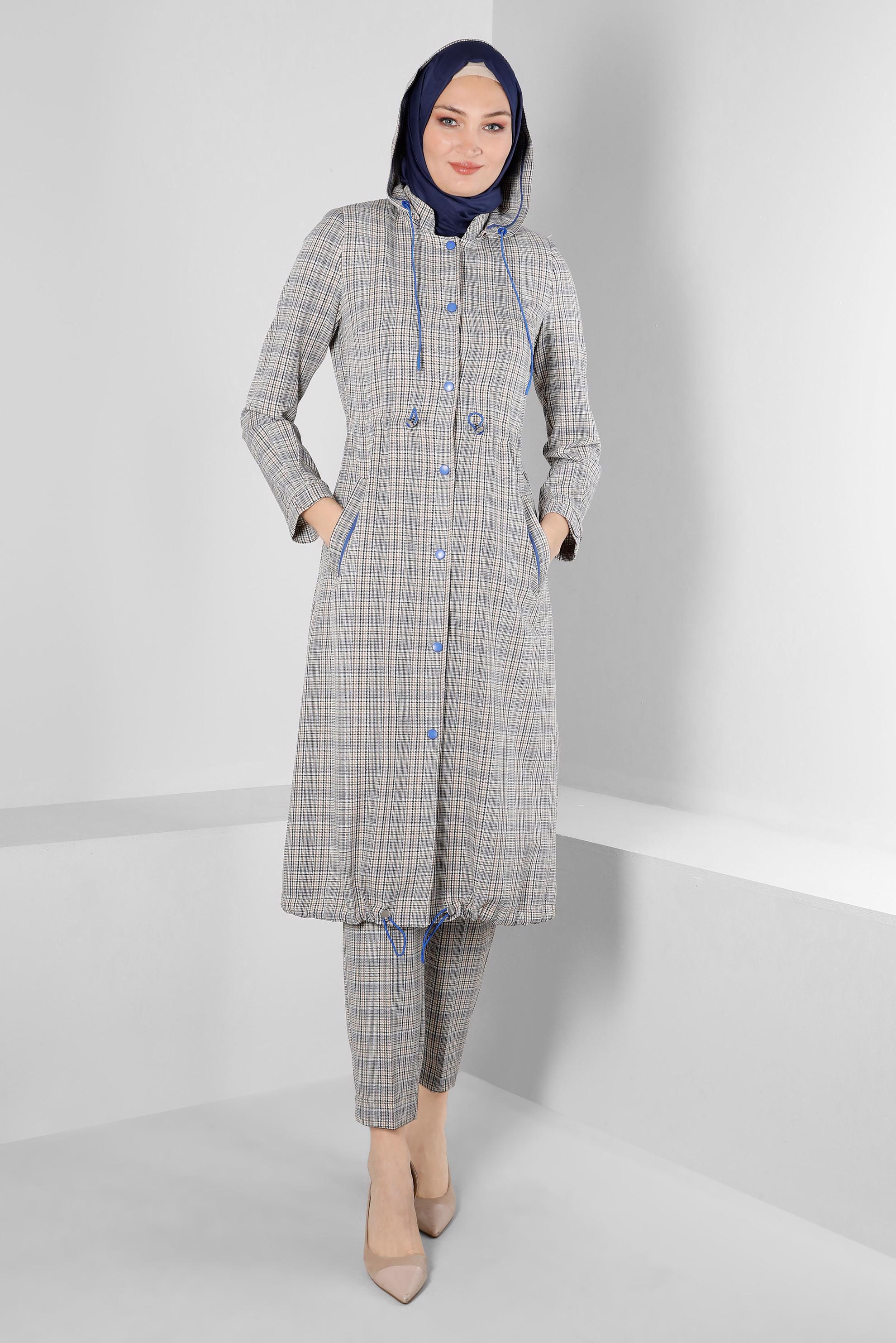 Hijab clothing NAVY BLUE SMOCKING WAIST CHECKED TRENCH COAT 10583 
