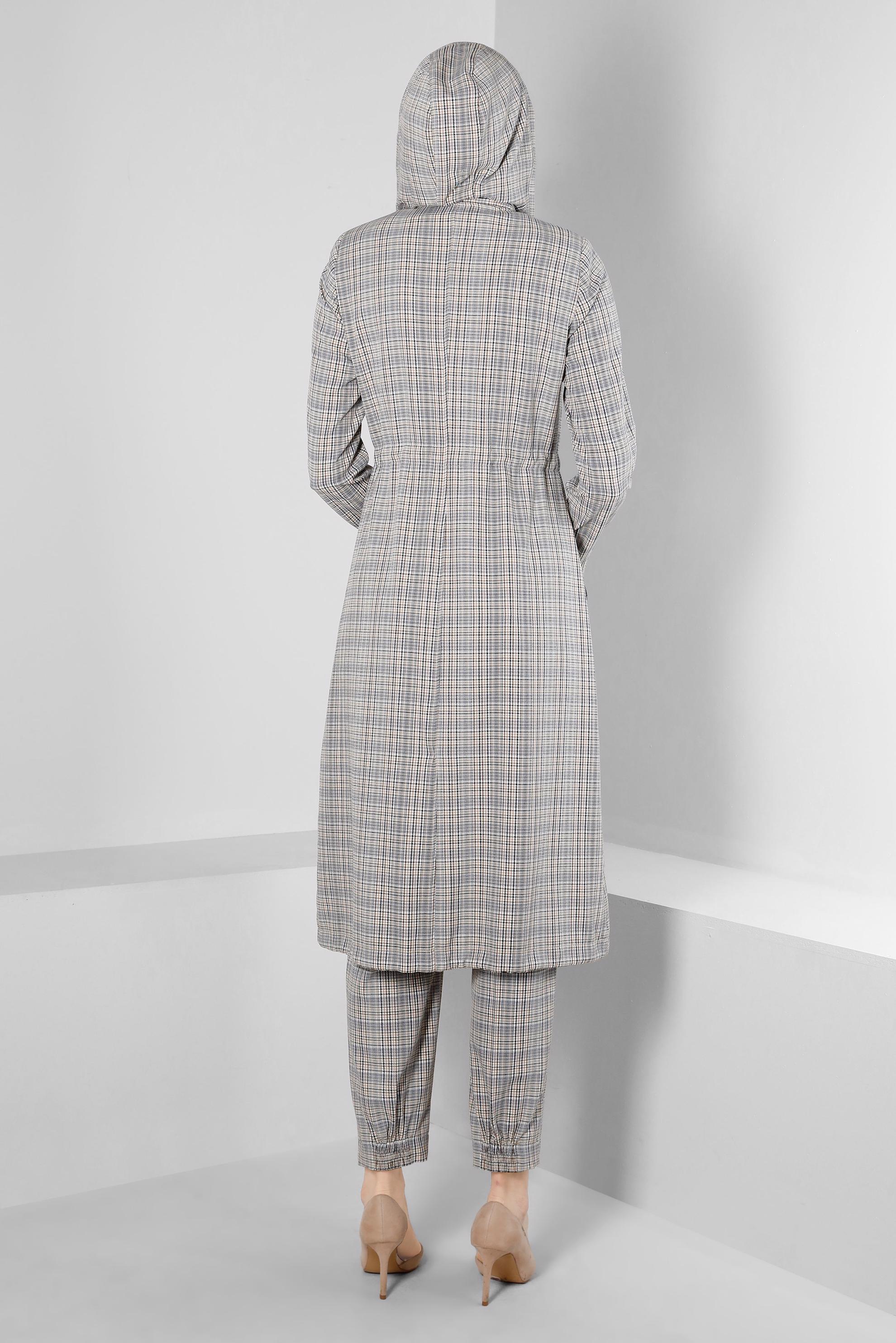 Hijab clothing NAVY BLUE SMOCKING WAIST CHECKED TRENCH COAT 10583 