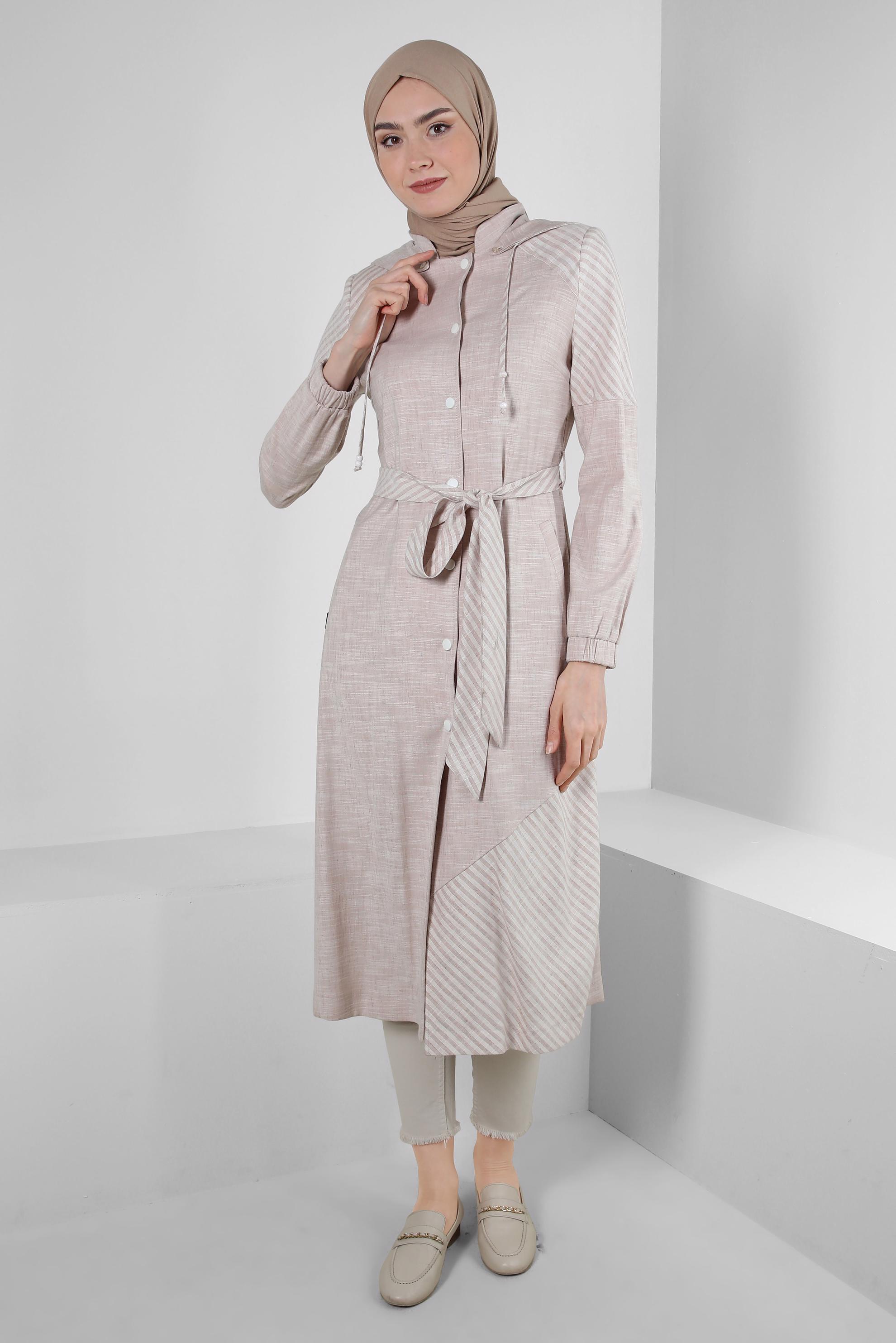 Hijab clothing BROWN  STRIPE DETAIL HOODED TRENCH COAT 10584