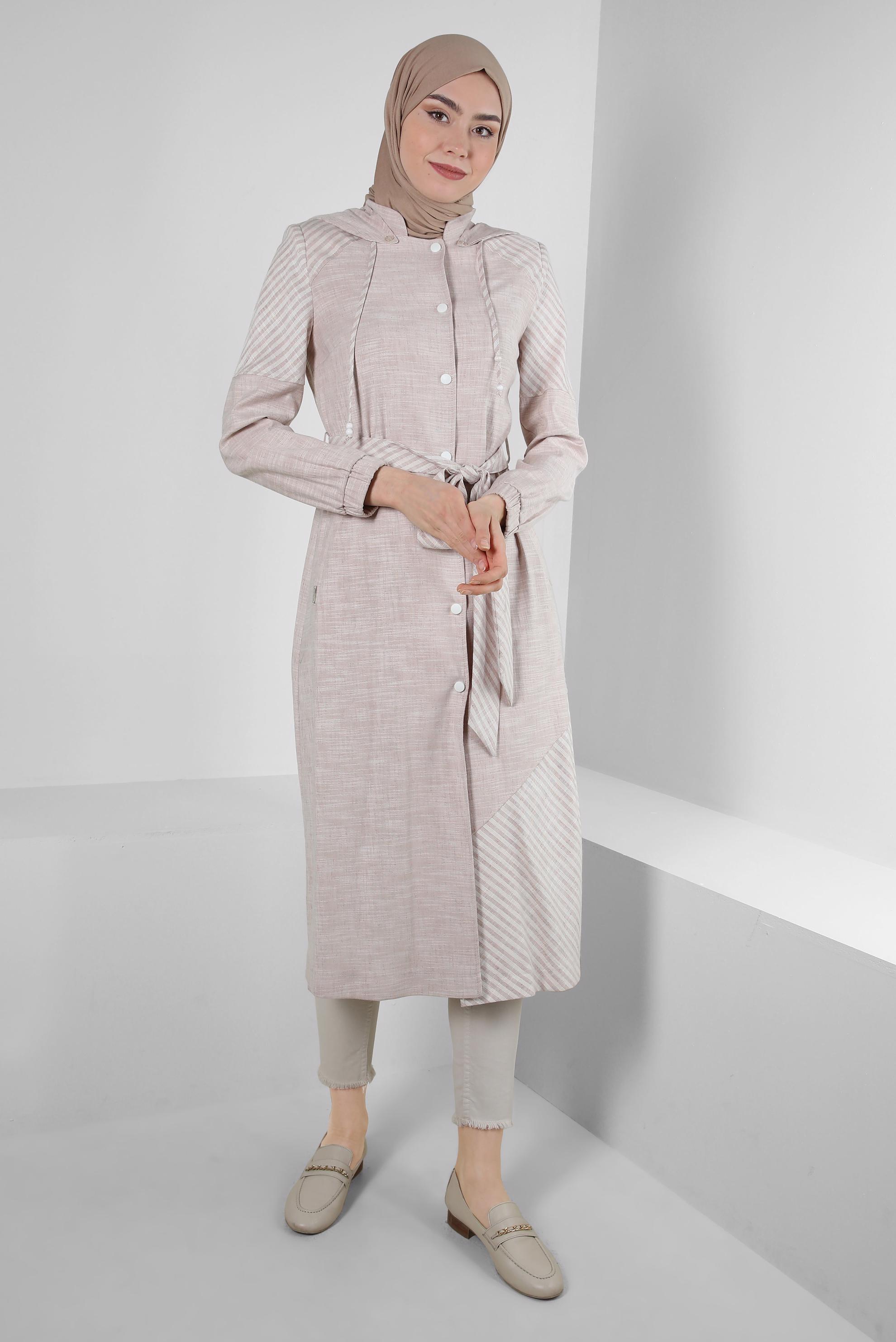 Hijab clothing BROWN  STRIPE DETAIL HOODED TRENCH COAT 10584