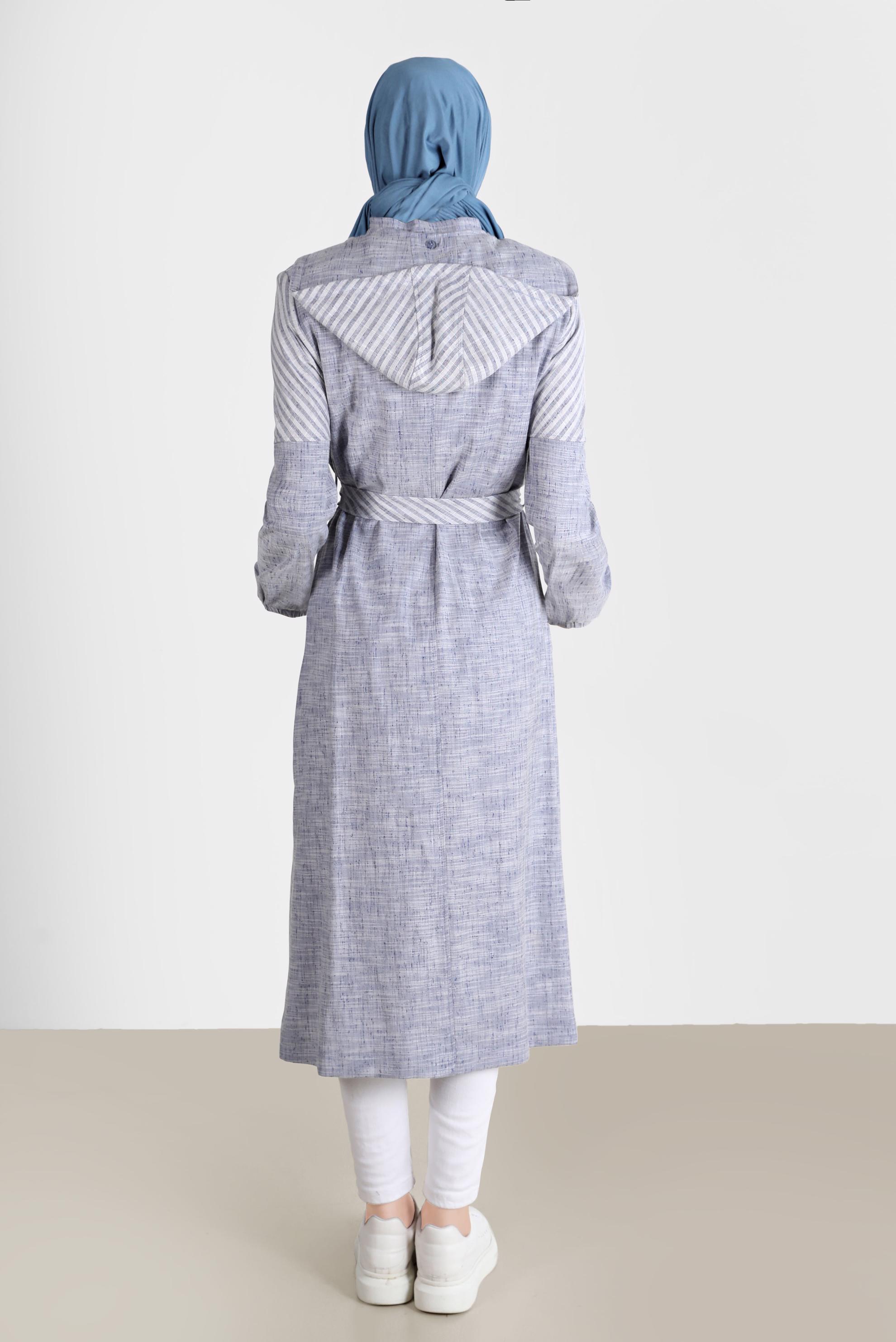 Tesettür giyim LACİVERT ŞERİT DETAYLI KAPÜŞONLU TRENÇKOT 10584 