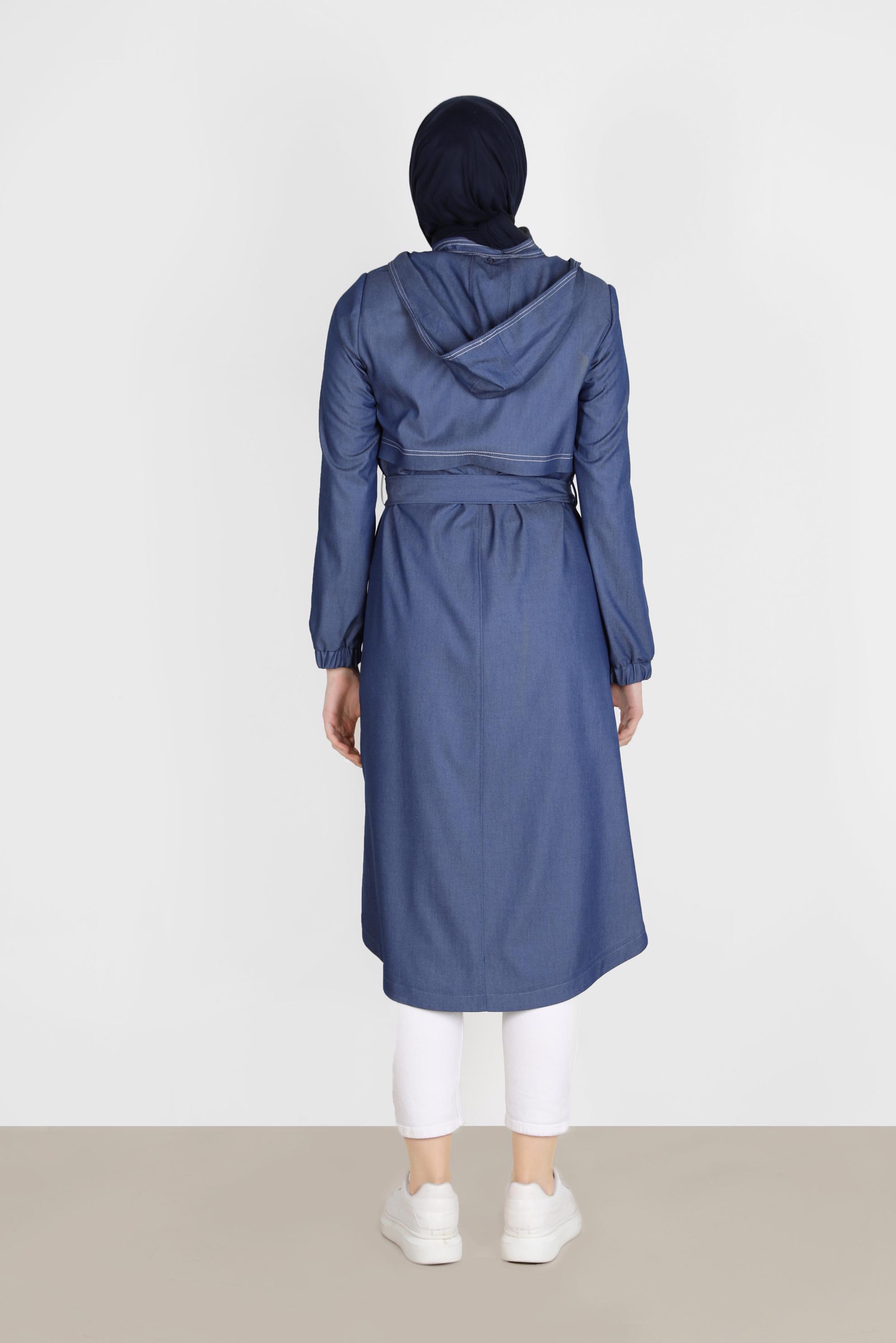 Tesettür giyim LACİVERT KUŞAKLI CEPLİ TRENÇKOT 10586 