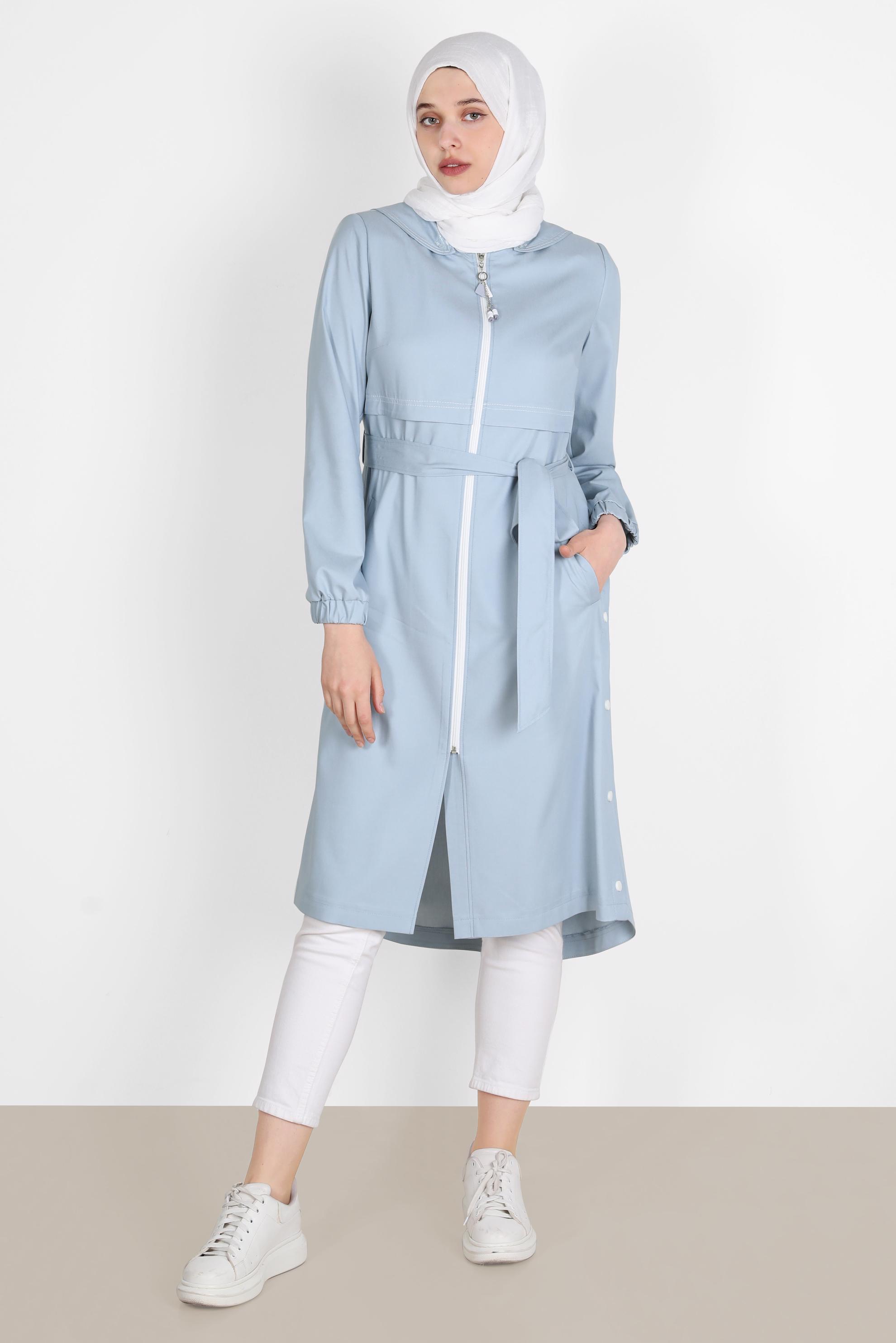 Tesettür giyim MAVİ KUŞAKLI CEPLİ TRENÇKOT 10586 