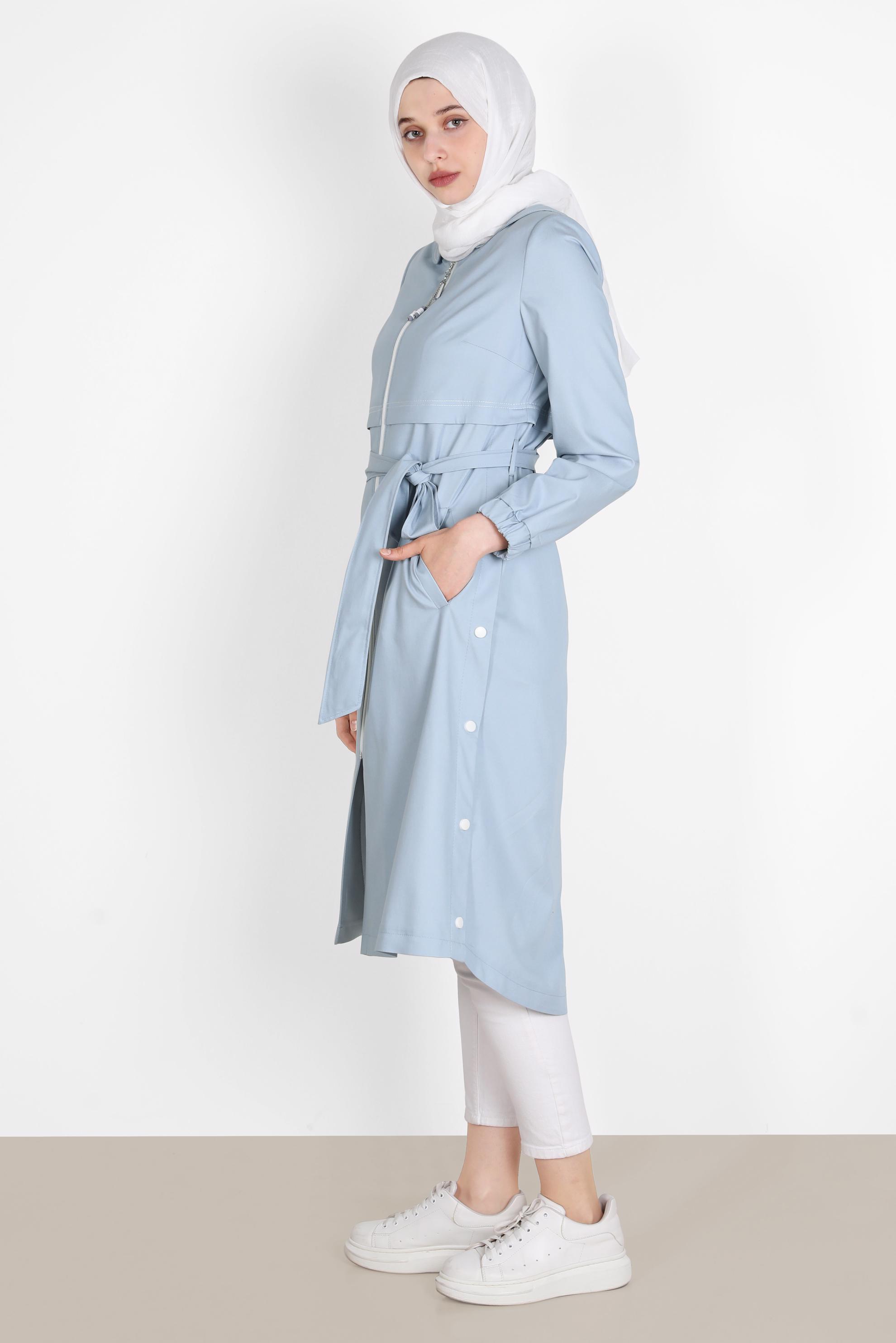 Tesettür giyim MAVİ KUŞAKLI CEPLİ TRENÇKOT 10586 