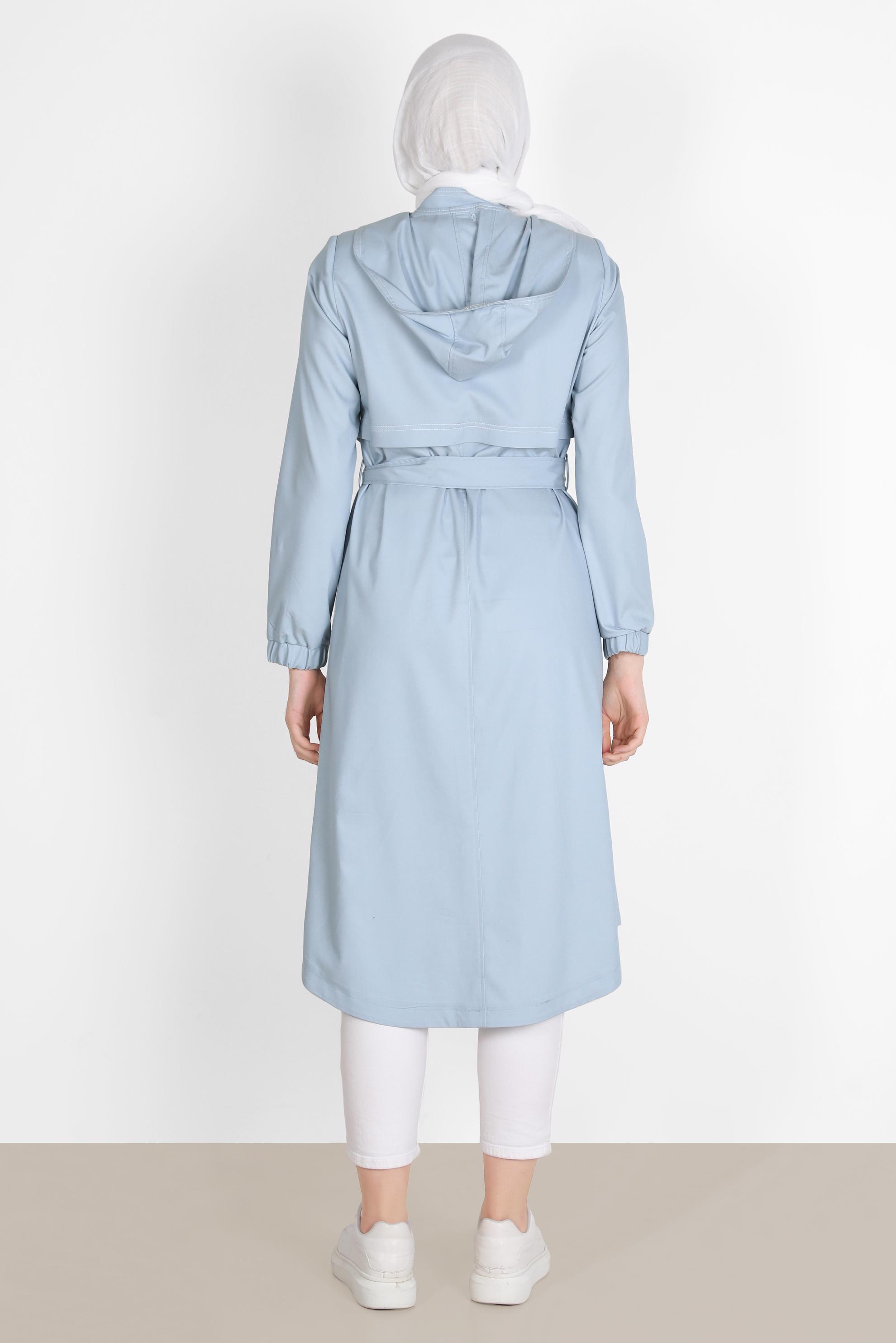 Tesettür giyim MAVİ KUŞAKLI CEPLİ TRENÇKOT 10586 