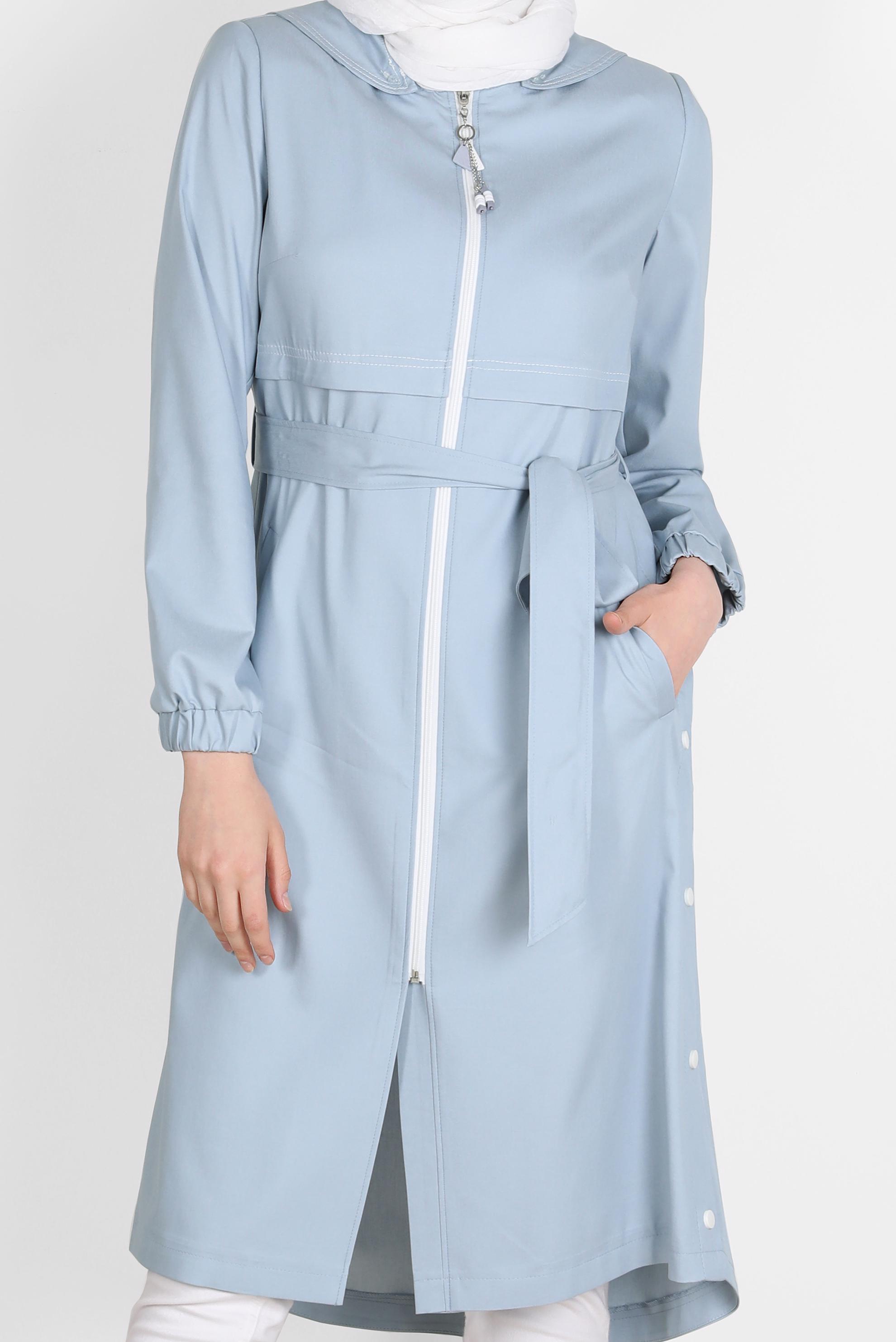 Tesettür giyim MAVİ KUŞAKLI CEPLİ TRENÇKOT 10586 