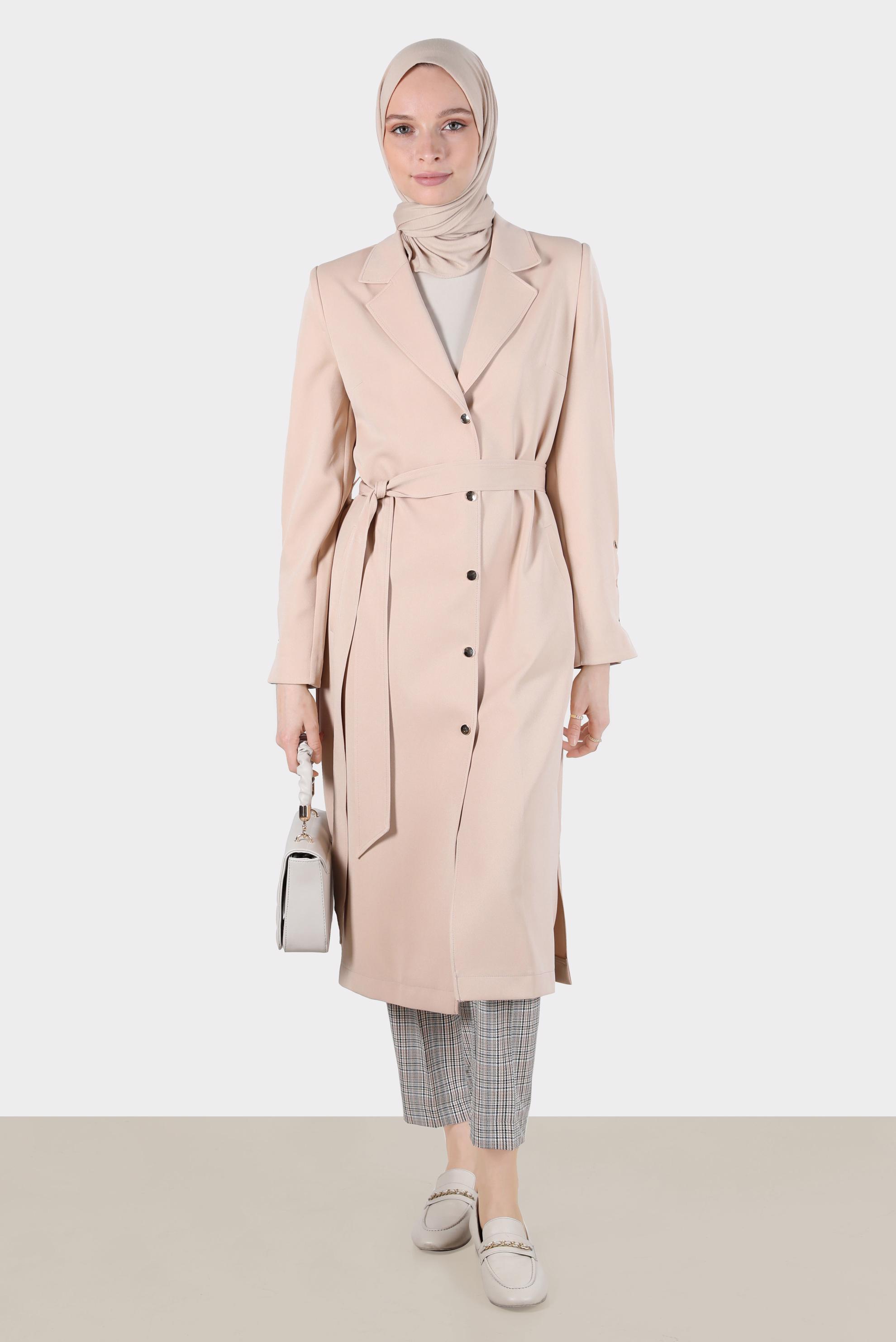 Tesettür giyim BEJ ÇITÇIT DETAYLI TRENÇKOT 10592	