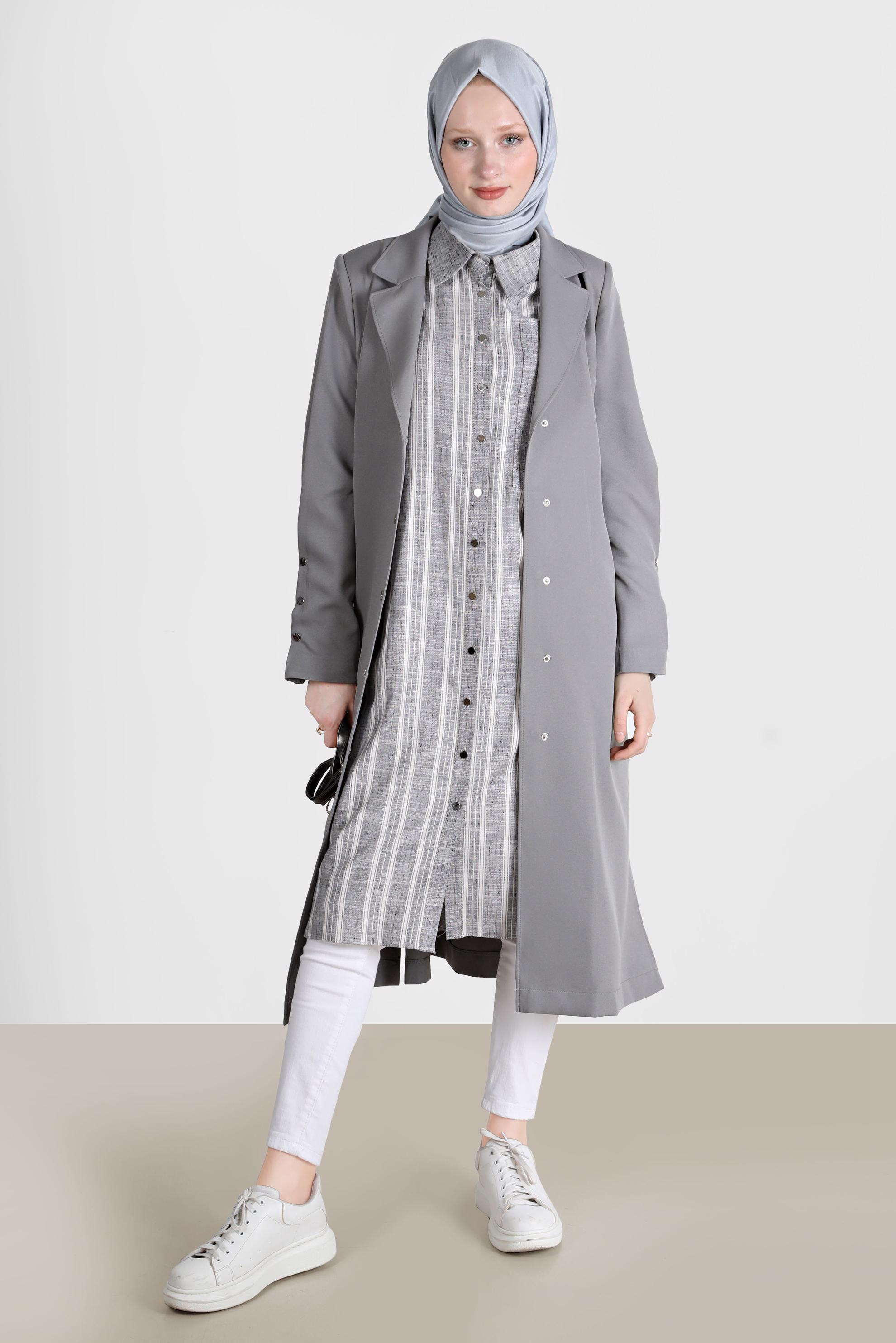 Tesettür giyim GRİ ÇITÇIT DETAYLI TRENÇKOT 10592	