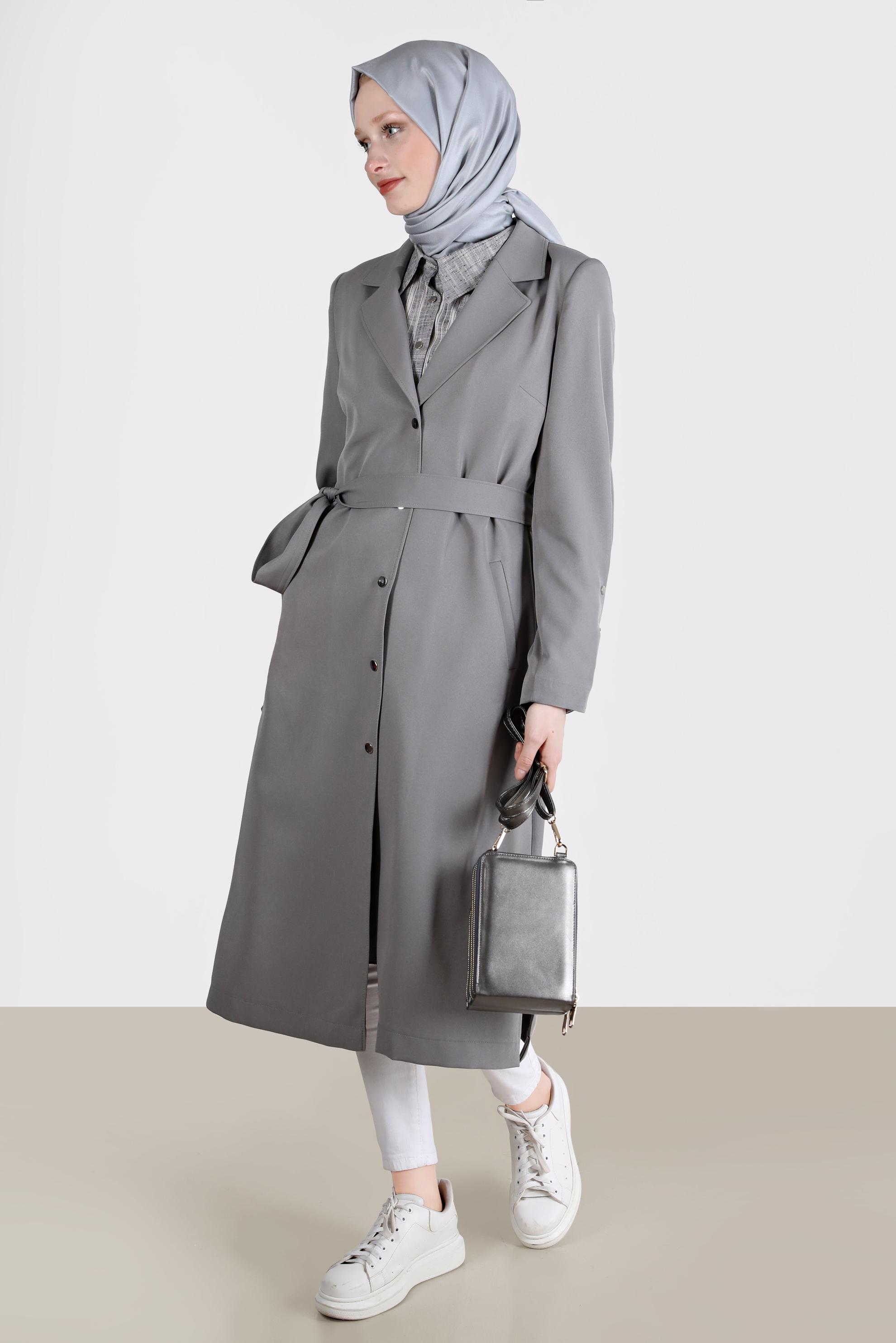 Tesettür giyim GRİ ÇITÇIT DETAYLI TRENÇKOT 10592	