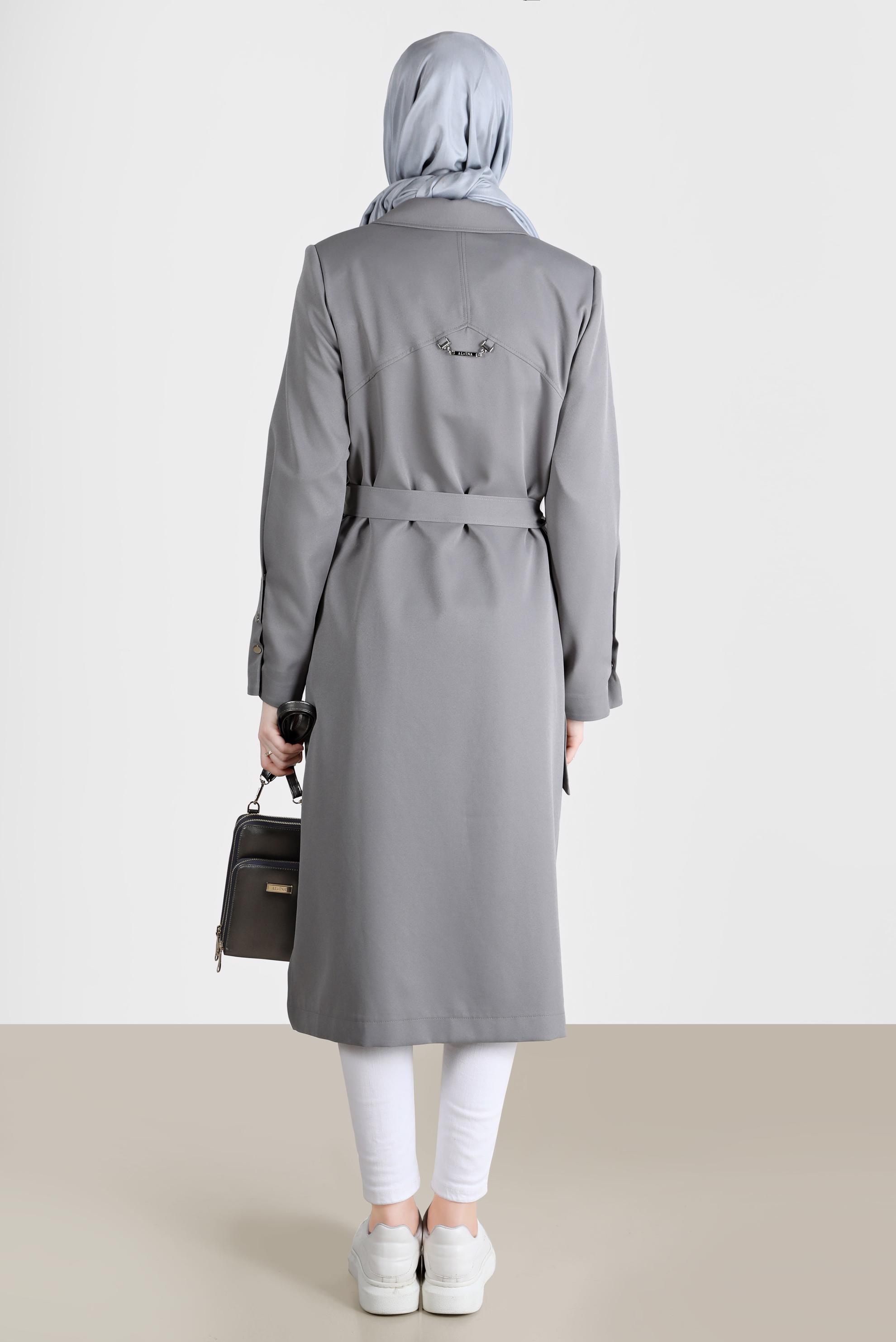 Tesettür giyim GRİ ÇITÇIT DETAYLI TRENÇKOT 10592	