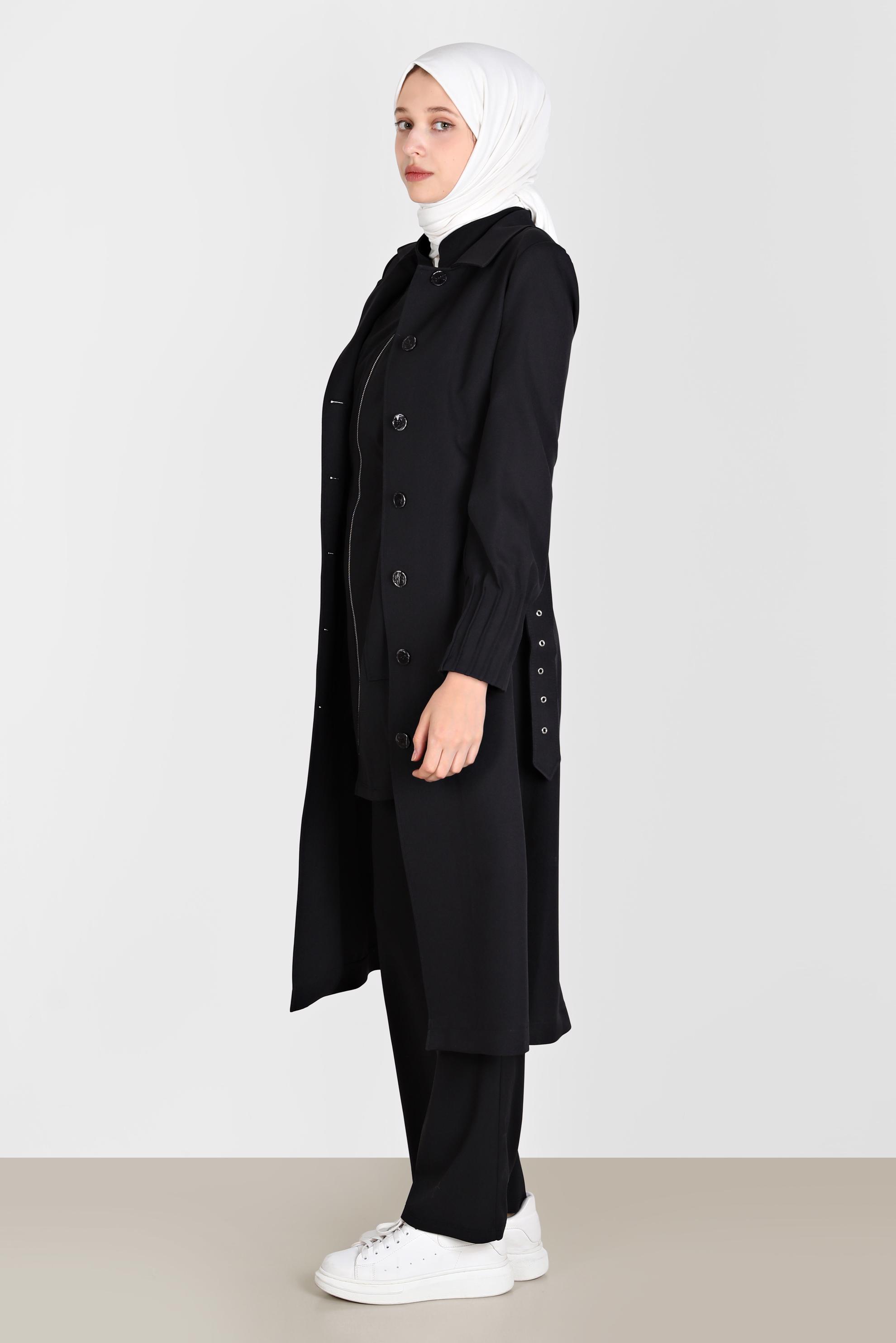 Tesettür giyim SİYAH DÜĞMELİ KEMERLİ TRENÇKOT 10593 