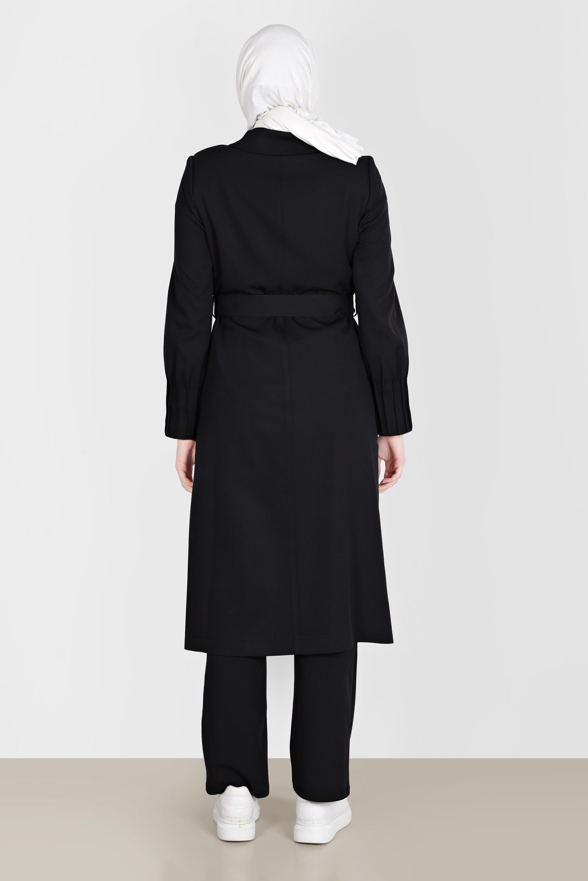 Tesettür giyim SİYAH DÜĞMELİ KEMERLİ TRENÇKOT 10593 