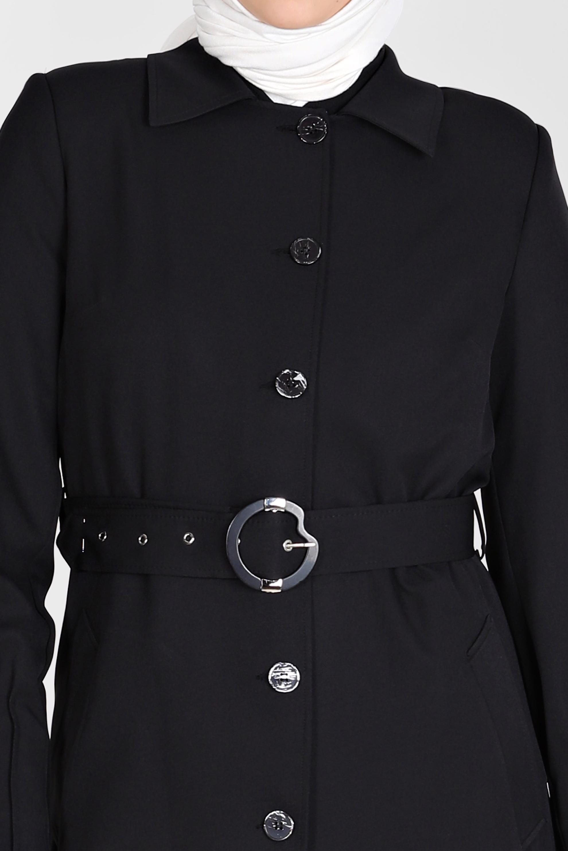 Tesettür giyim SİYAH DÜĞMELİ KEMERLİ TRENÇKOT 10593 