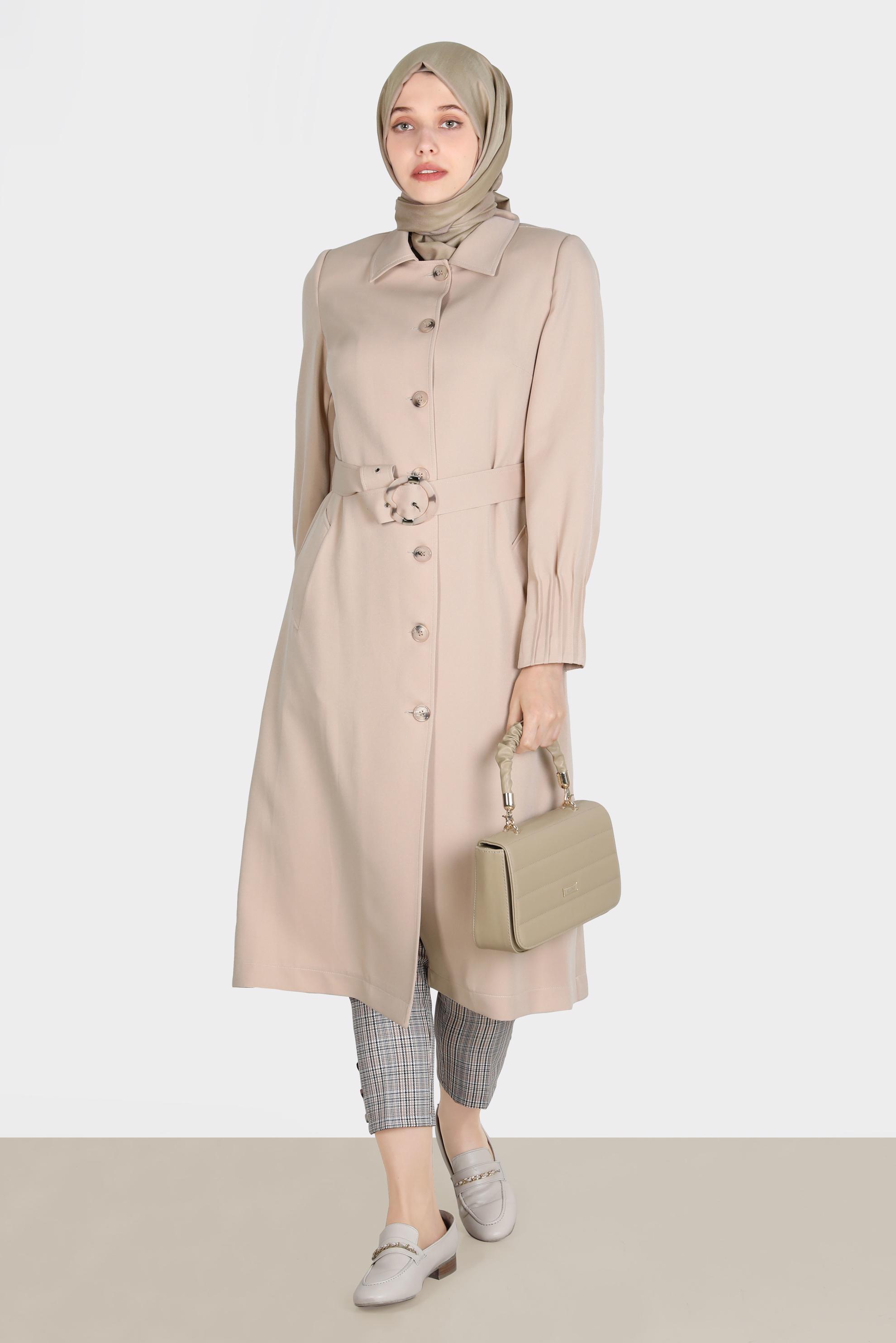 Hijab clothing BEIGE BUTTONED BELTED TRENCH COAT 10593 