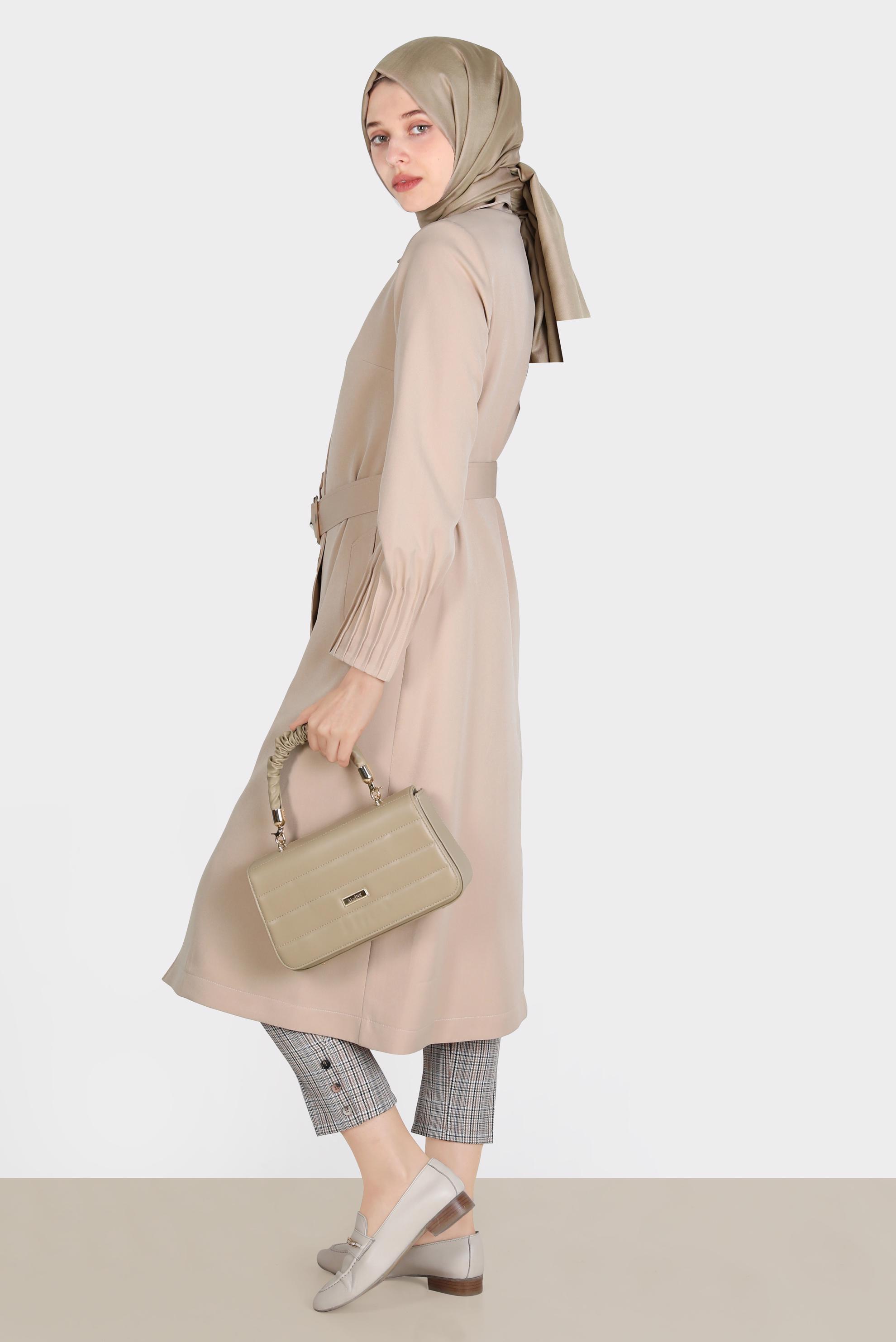 Hijab clothing BEIGE BUTTONED BELTED TRENCH COAT 10593 