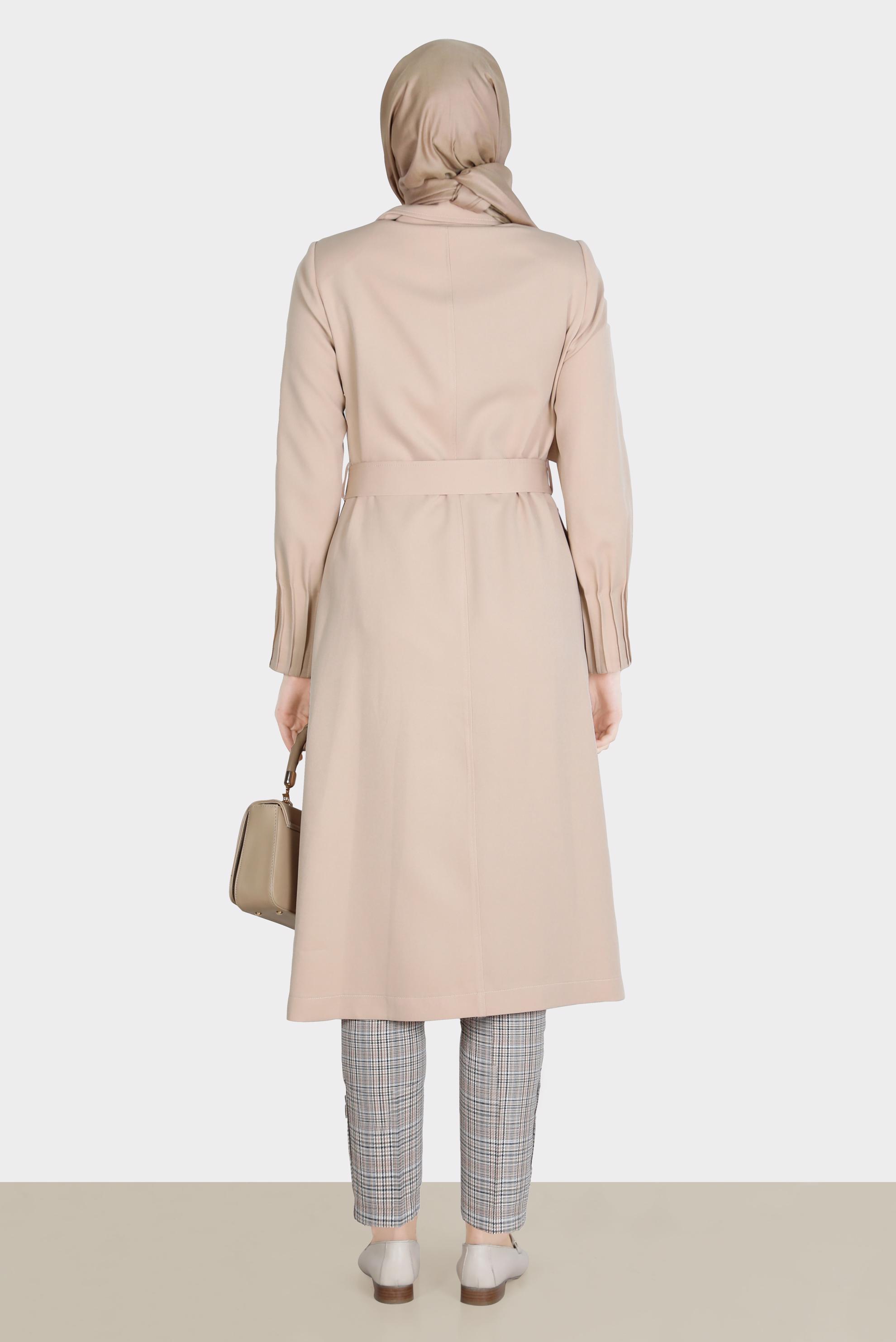 Hijab clothing BEIGE BUTTONED BELTED TRENCH COAT 10593 