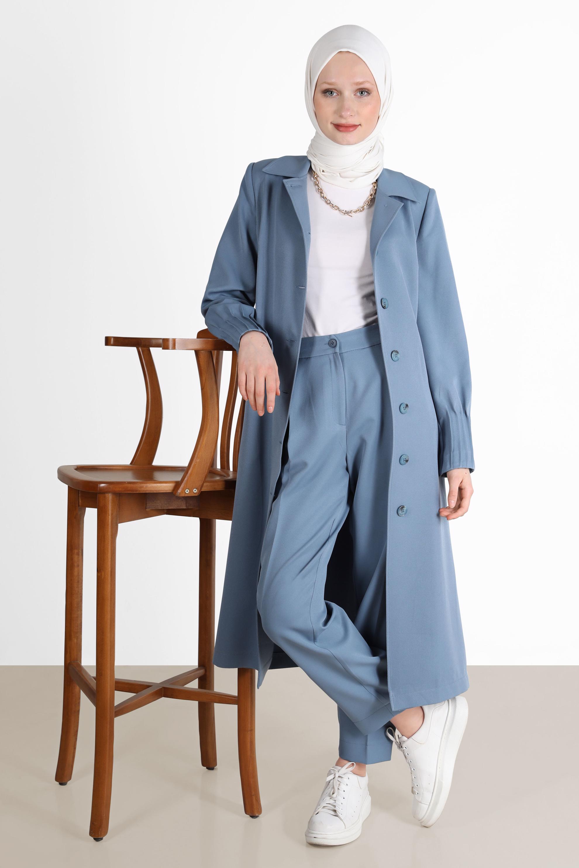 Tesettür giyim MAVİ DÜĞMELİ KEMERLİ TRENÇKOT 10593 