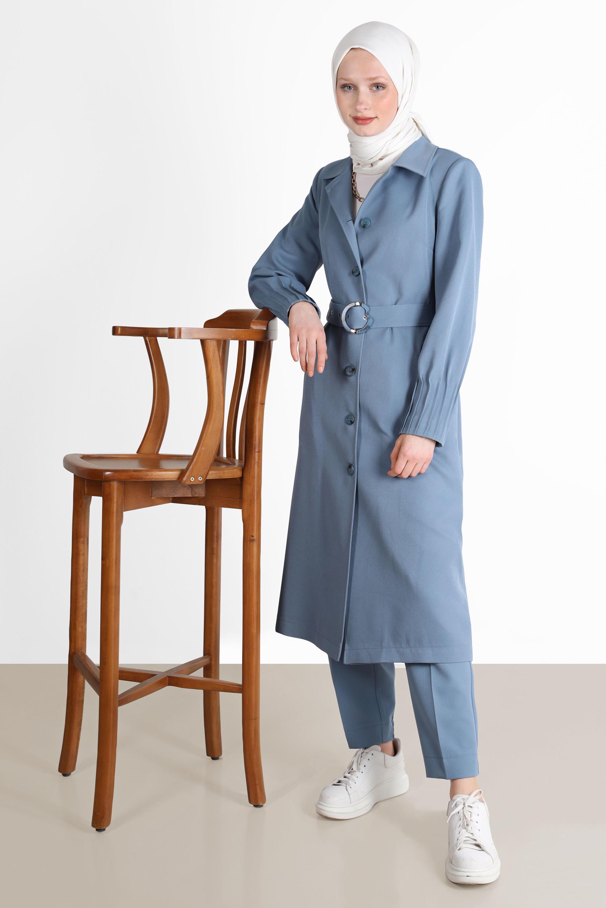 Tesettür giyim MAVİ DÜĞMELİ KEMERLİ TRENÇKOT 10593 