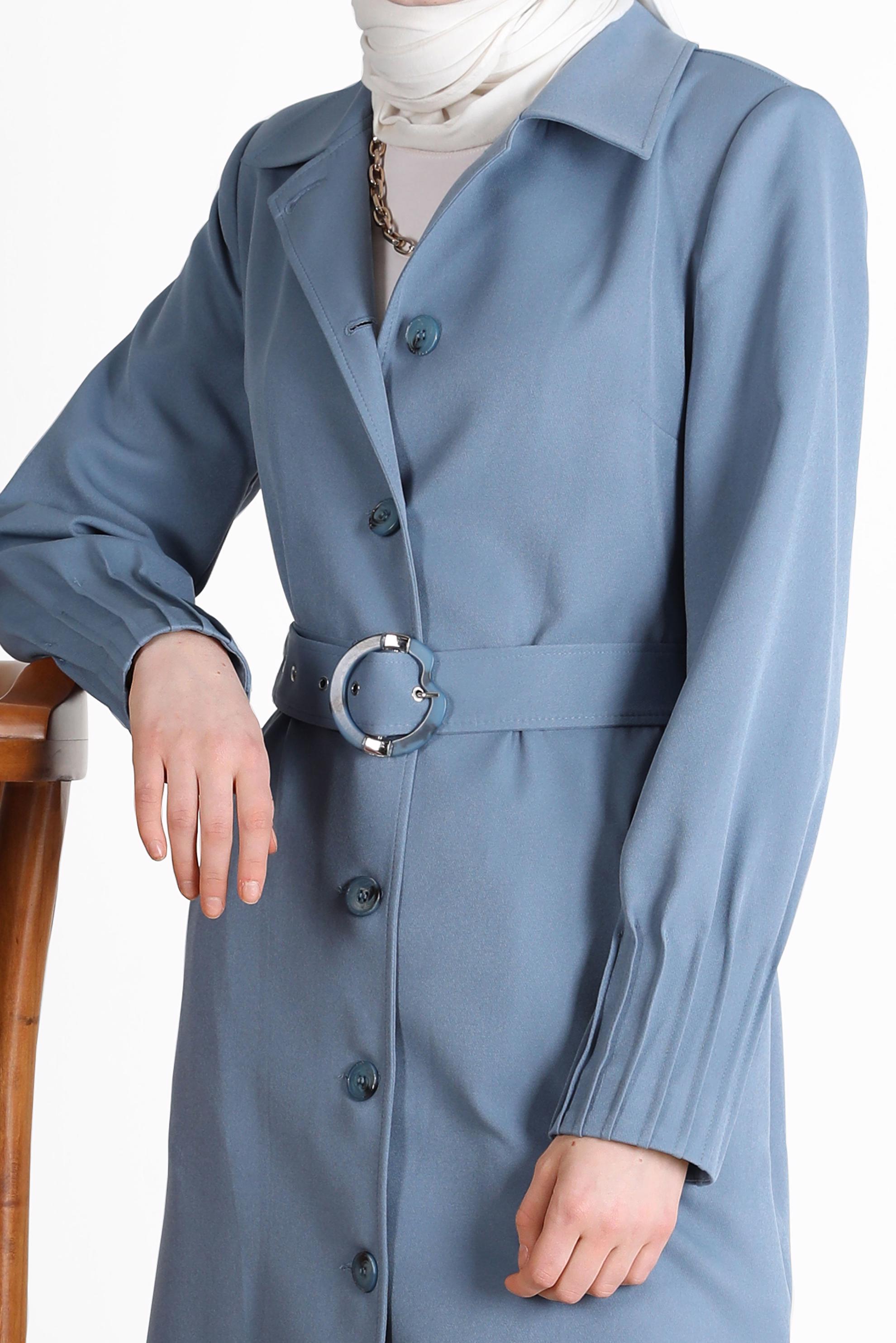 Tesettür giyim MAVİ DÜĞMELİ KEMERLİ TRENÇKOT 10593 