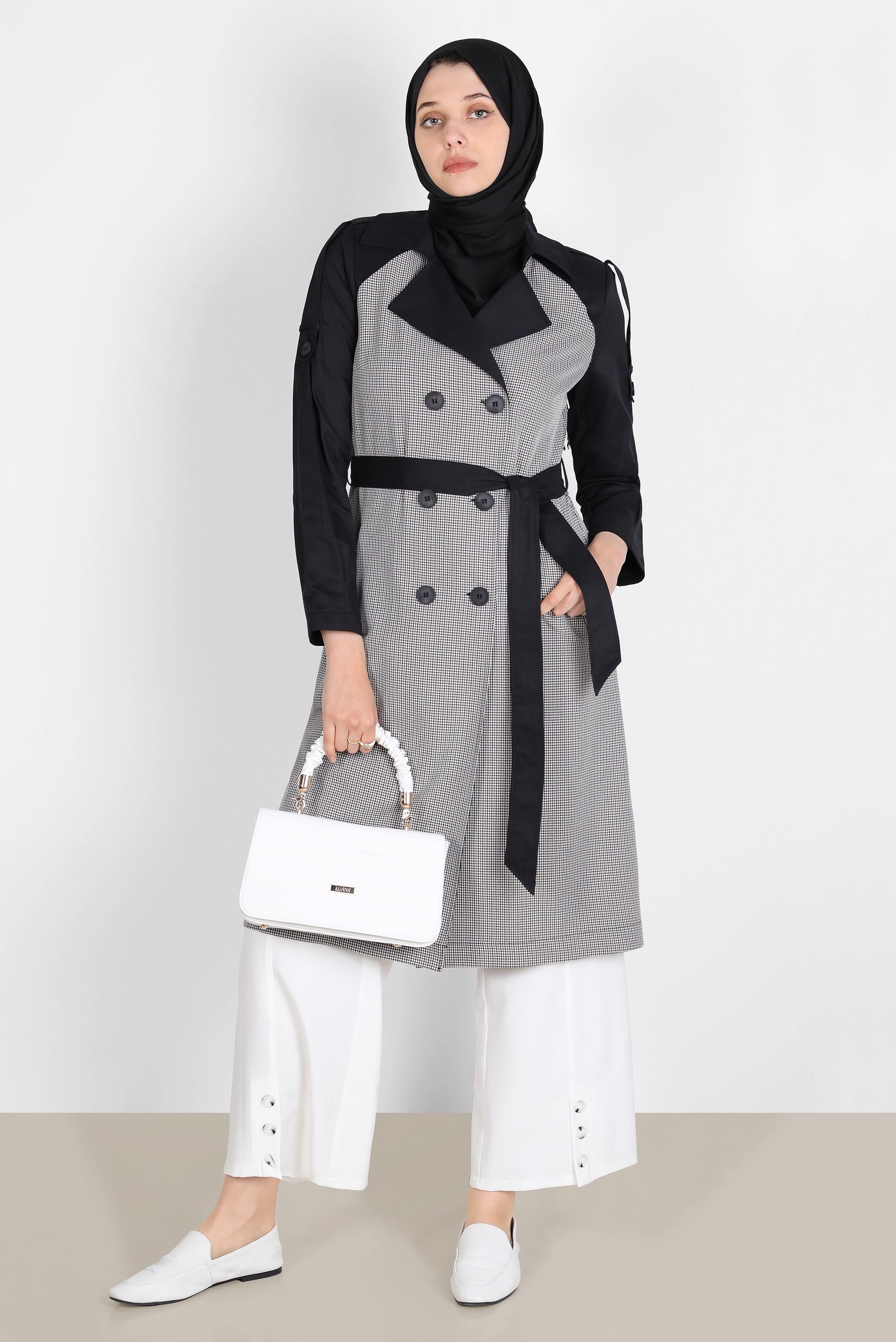 Hijab clothing BLACK BELTED CHECKED TRENCH COAT 10595 