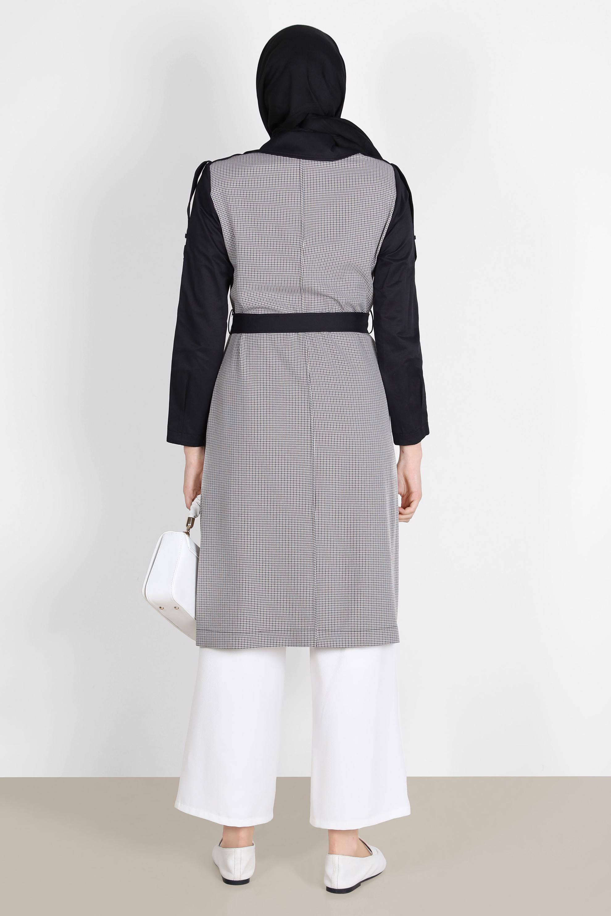 Hijab clothing BLACK BELTED CHECKED TRENCH COAT 10595 