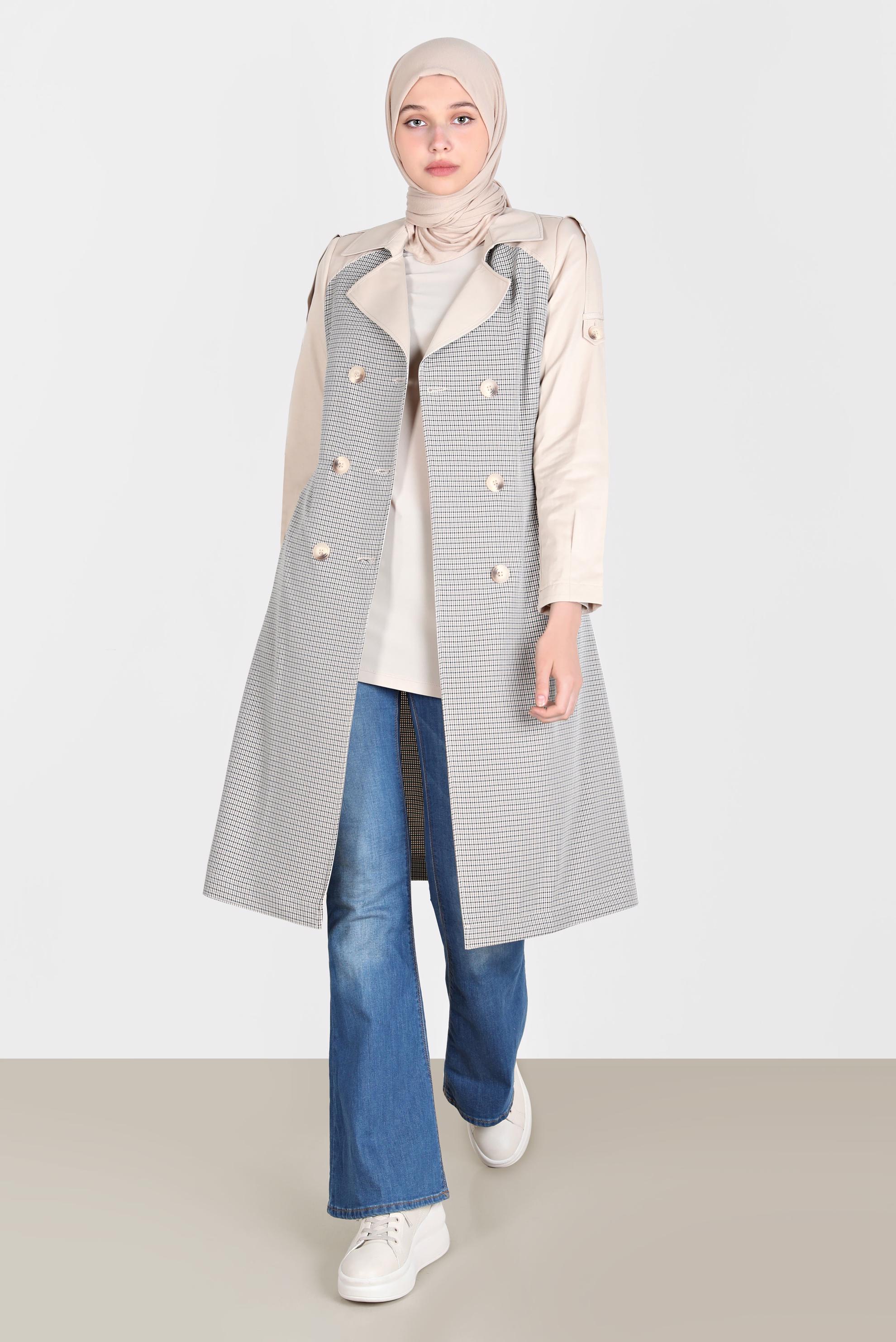 Tesettür giyim BEJ KUŞAKLI EKOSE TRENÇKOT 10595 