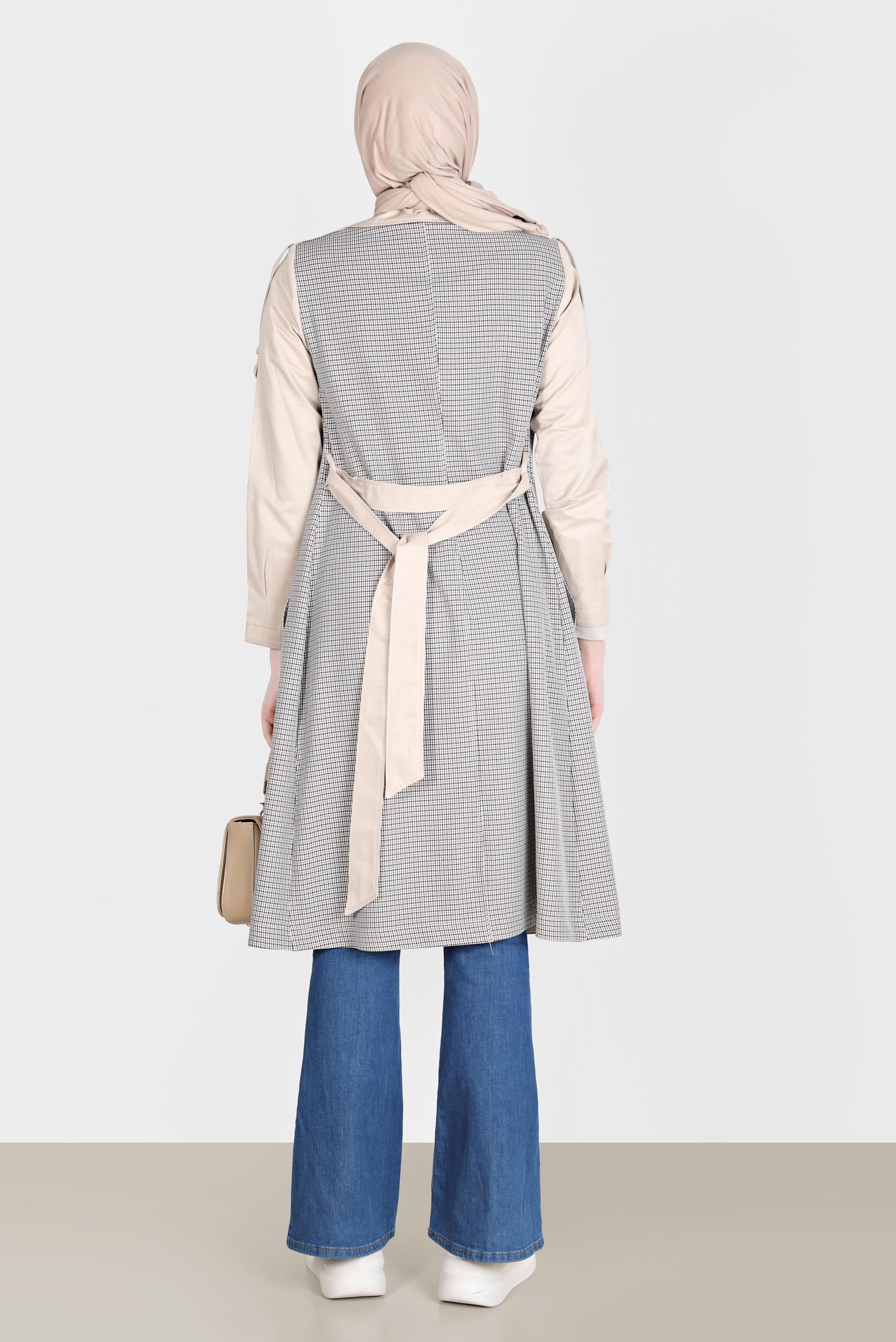 Tesettür giyim BEJ KUŞAKLI EKOSE TRENÇKOT 10595 