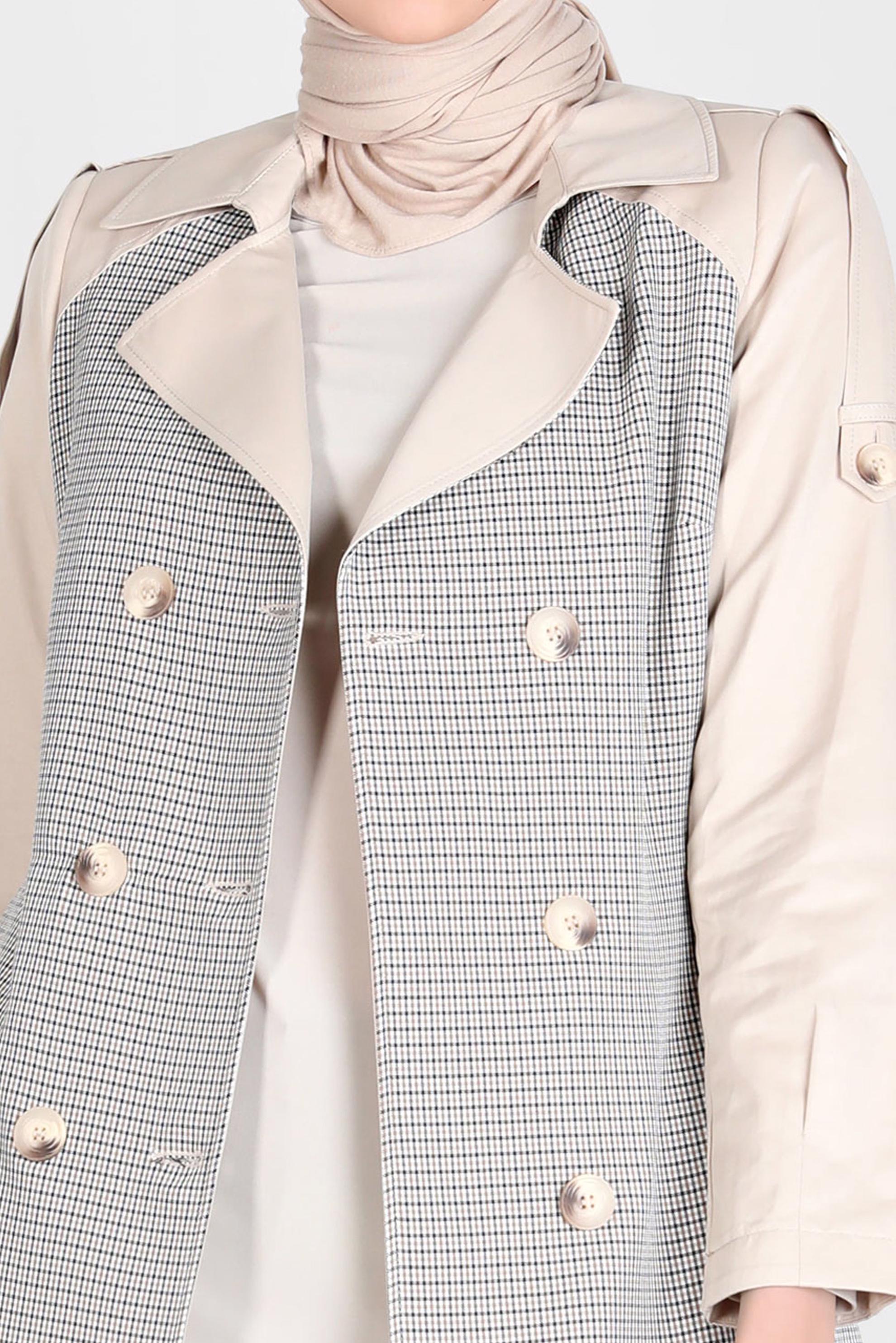 Tesettür giyim BEJ KUŞAKLI EKOSE TRENÇKOT 10595 