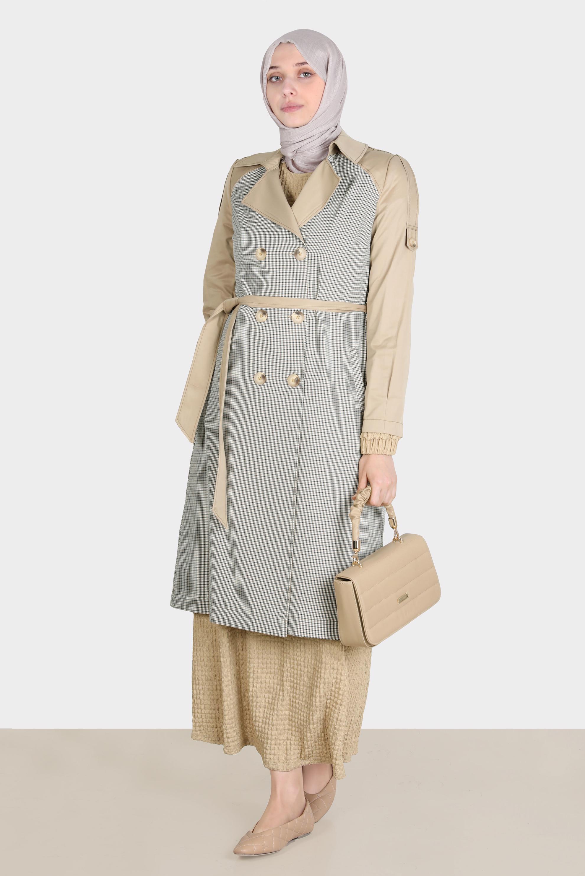 Tesettür giyim KAHVE KUŞAKLI EKOSE TRENÇKOT 10595 