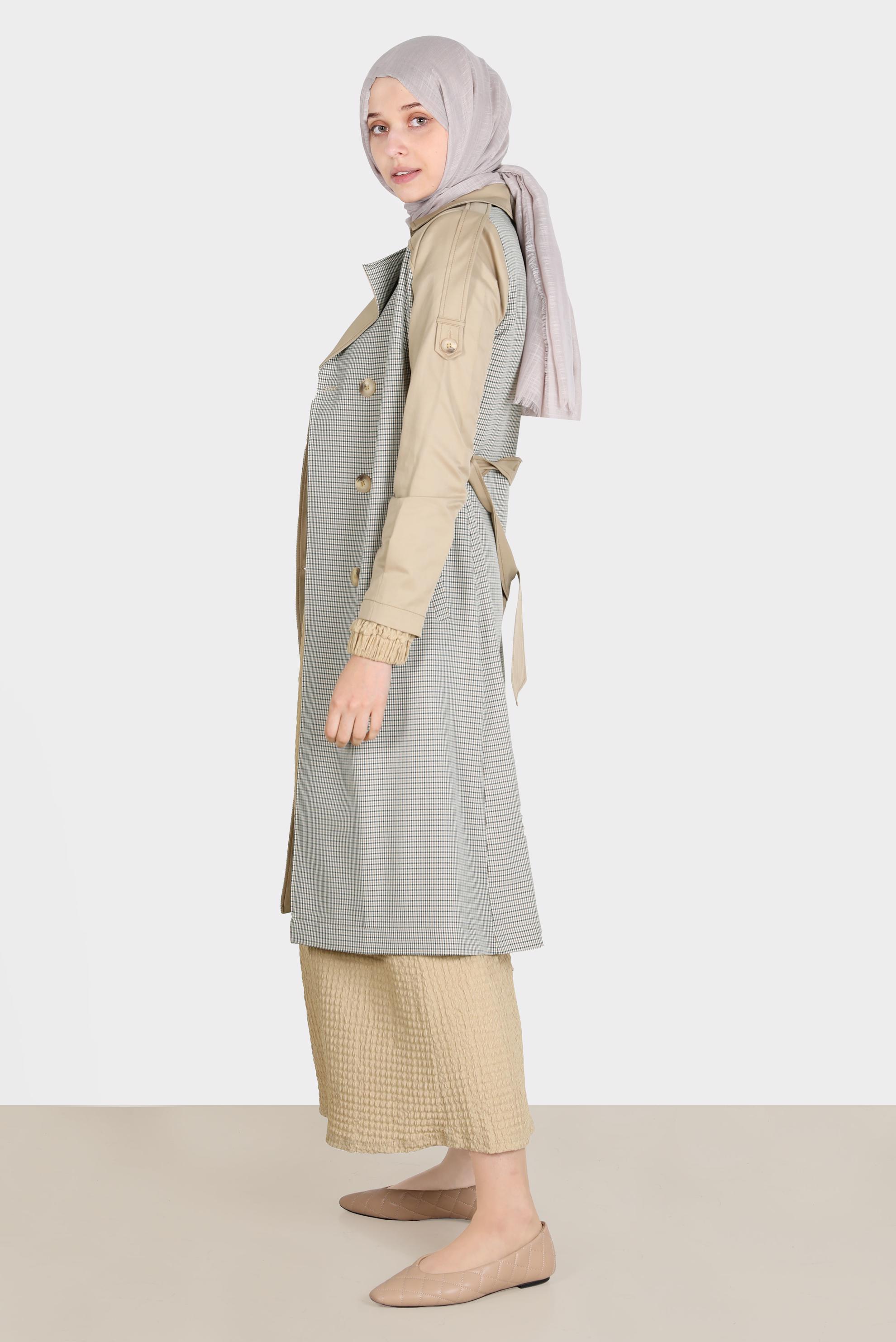 Tesettür giyim KAHVE KUŞAKLI EKOSE TRENÇKOT 10595 